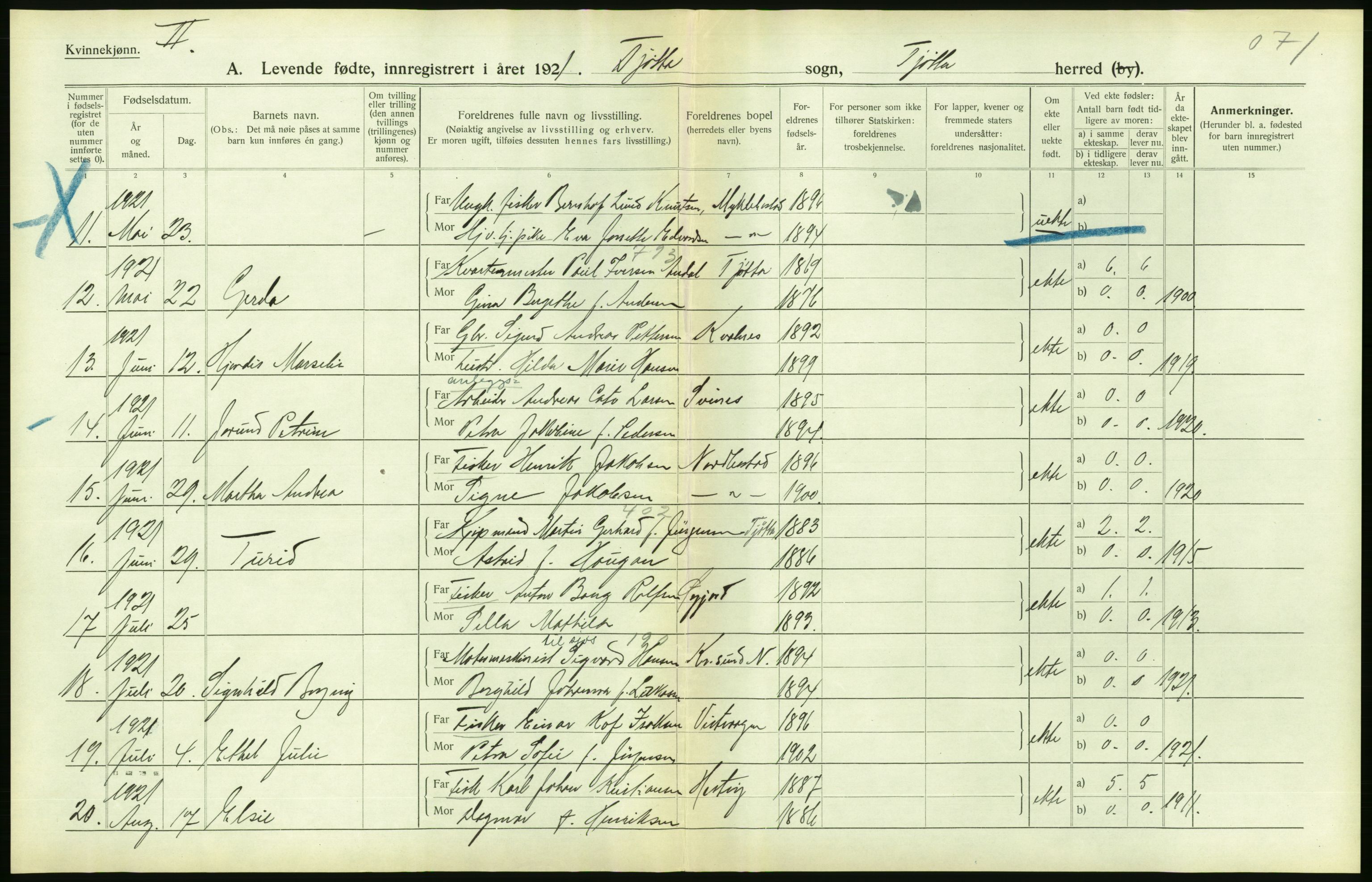 Statistisk sentralbyrå, Sosiodemografiske emner, Befolkning, AV/RA-S-2228/D/Df/Dfc/Dfca/L0049: Nordland fylke: Levendefødte menn og kvinner. Bygder., 1921, s. 44