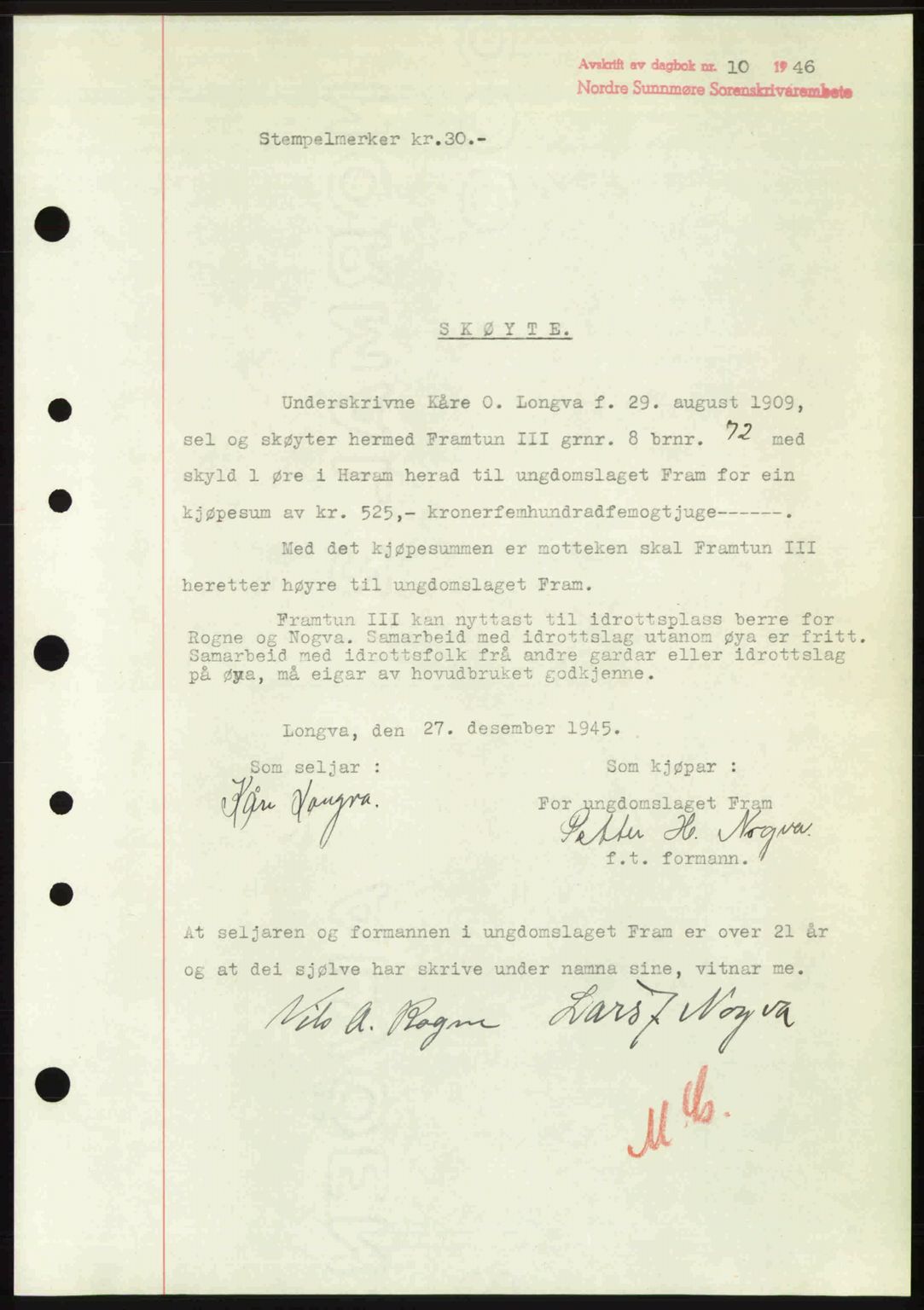 Nordre Sunnmøre sorenskriveri, AV/SAT-A-0006/1/2/2C/2Ca: Pantebok nr. A20b, 1946-1946, Dagboknr: 10/1946