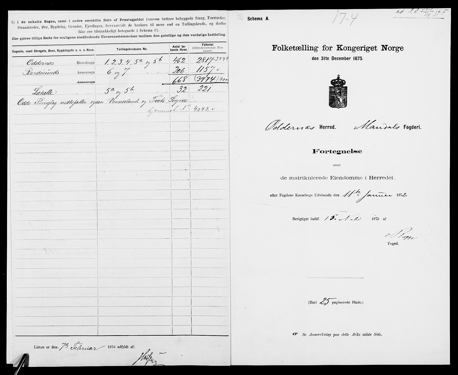 SAK, Folketelling 1875 for 1012P Oddernes prestegjeld, 1875, s. 4