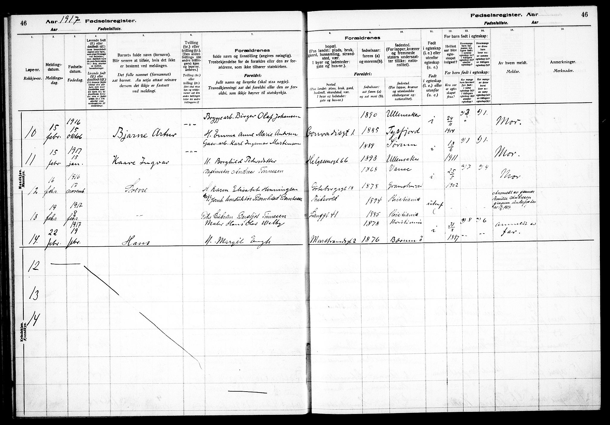 Petrus prestekontor Kirkebøker, AV/SAO-A-10872/J/Ja/L0001: Fødselsregister nr. 1, 1916-1922, s. 46