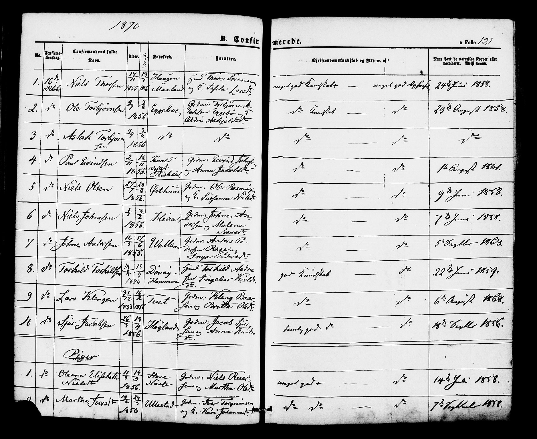 Hjelmeland sokneprestkontor, AV/SAST-A-101843/01/IV/L0012: Ministerialbok nr. A 12, 1862-1886, s. 121