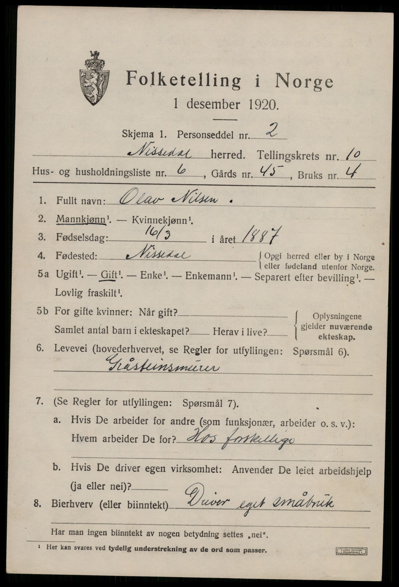 SAKO, Folketelling 1920 for 0830 Nissedal herred, 1920, s. 3927