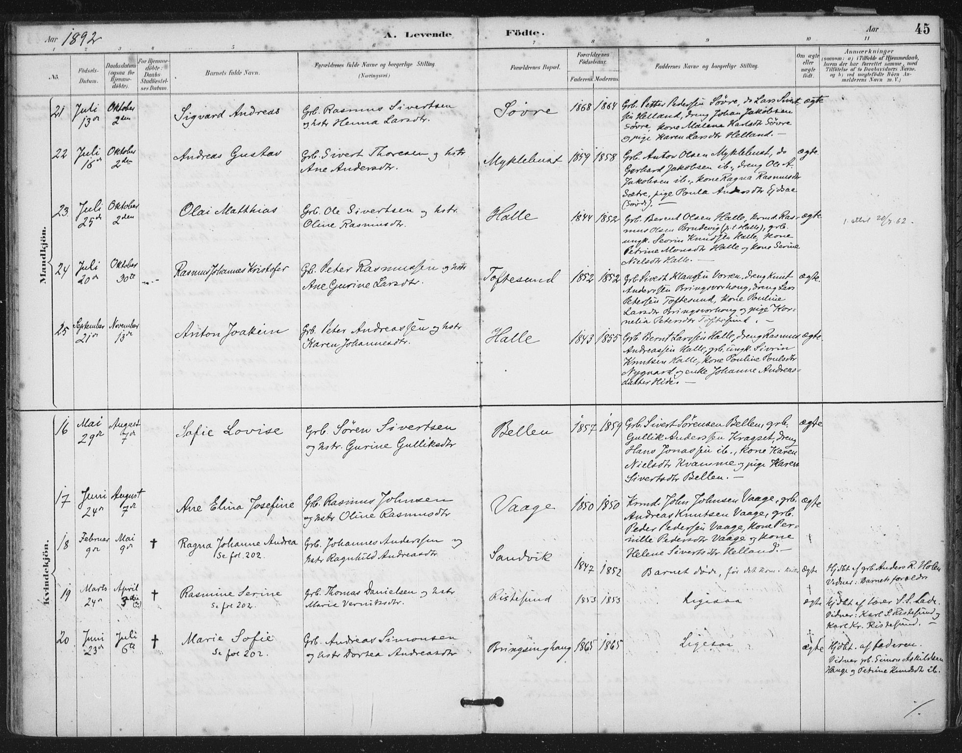 Ministerialprotokoller, klokkerbøker og fødselsregistre - Møre og Romsdal, AV/SAT-A-1454/503/L0037: Ministerialbok nr. 503A05, 1884-1900, s. 45