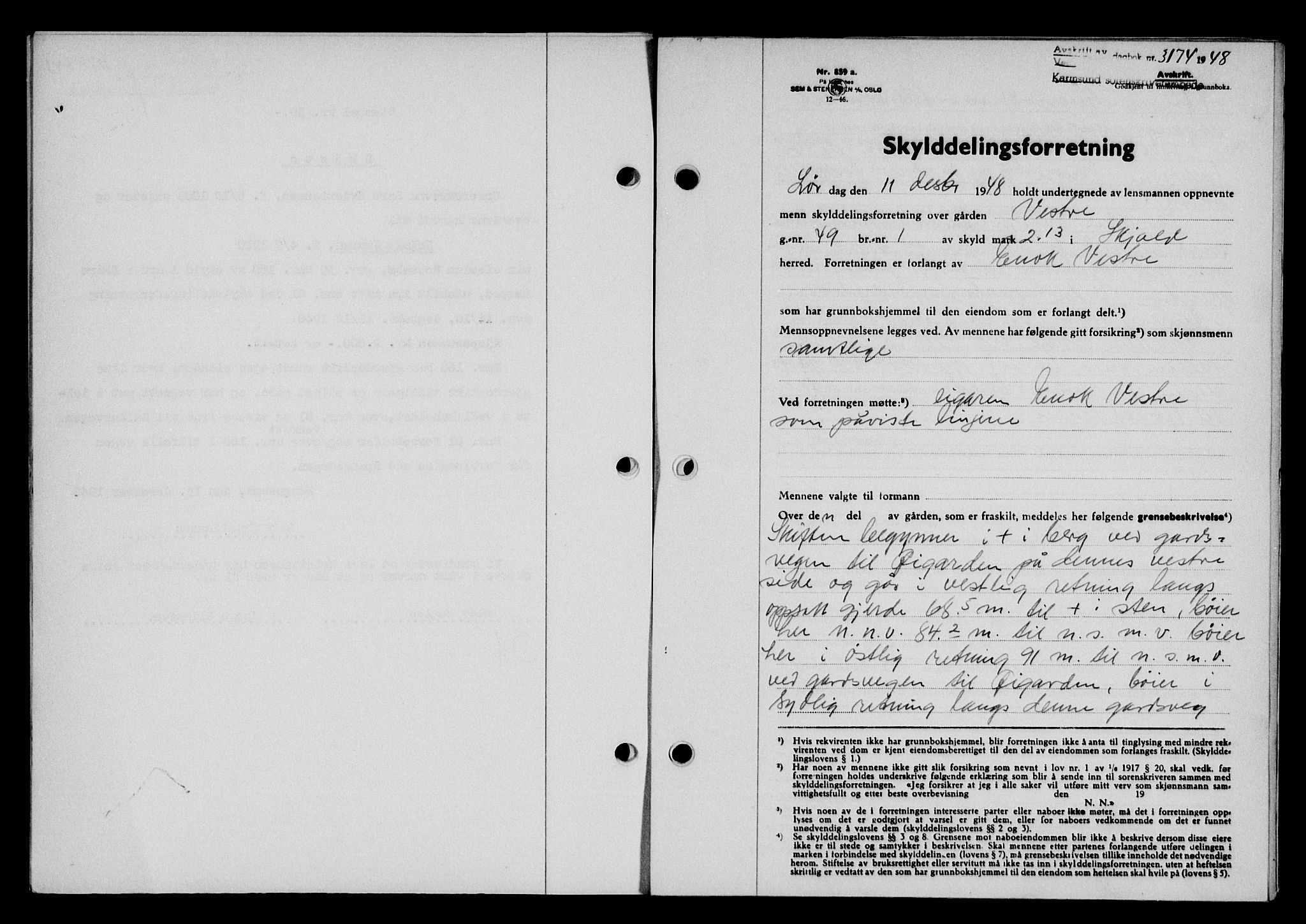 Karmsund sorenskriveri, SAST/A-100311/01/II/IIB/L0095: Pantebok nr. 75A, 1948-1949, Dagboknr: 3174/1948