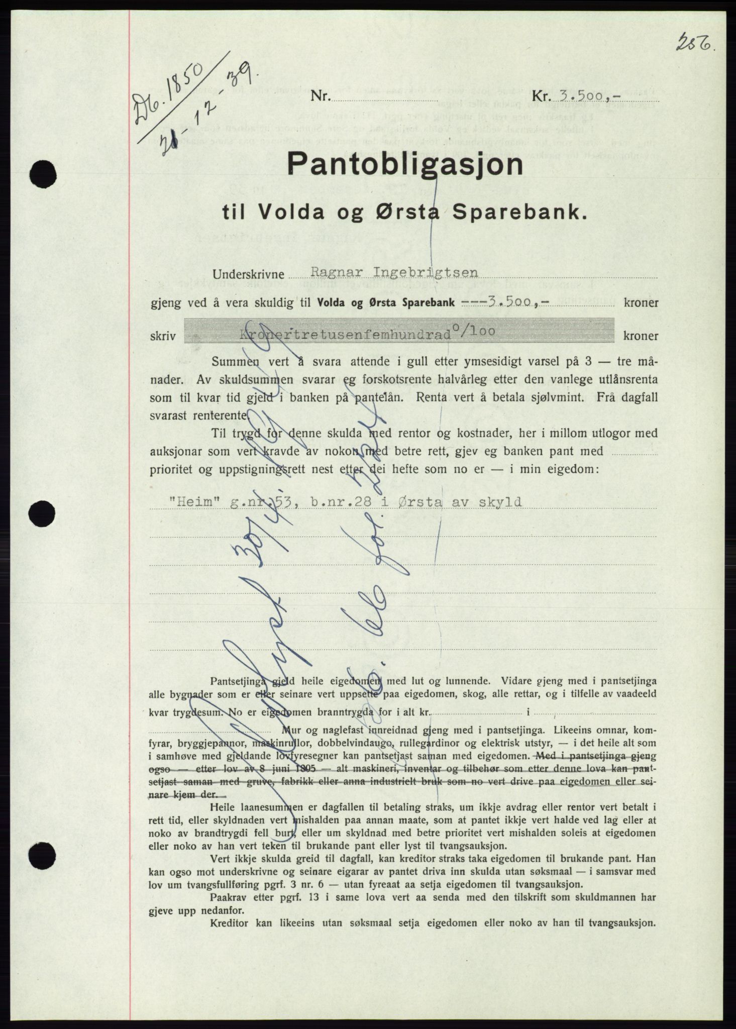 Søre Sunnmøre sorenskriveri, SAT/A-4122/1/2/2C/L0069: Pantebok nr. 63, 1939-1940, Dagboknr: 1850/1939