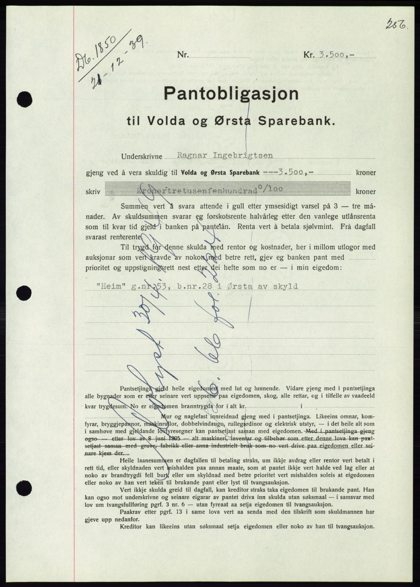 Søre Sunnmøre sorenskriveri, AV/SAT-A-4122/1/2/2C/L0069: Pantebok nr. 63, 1939-1940, Dagboknr: 1850/1939