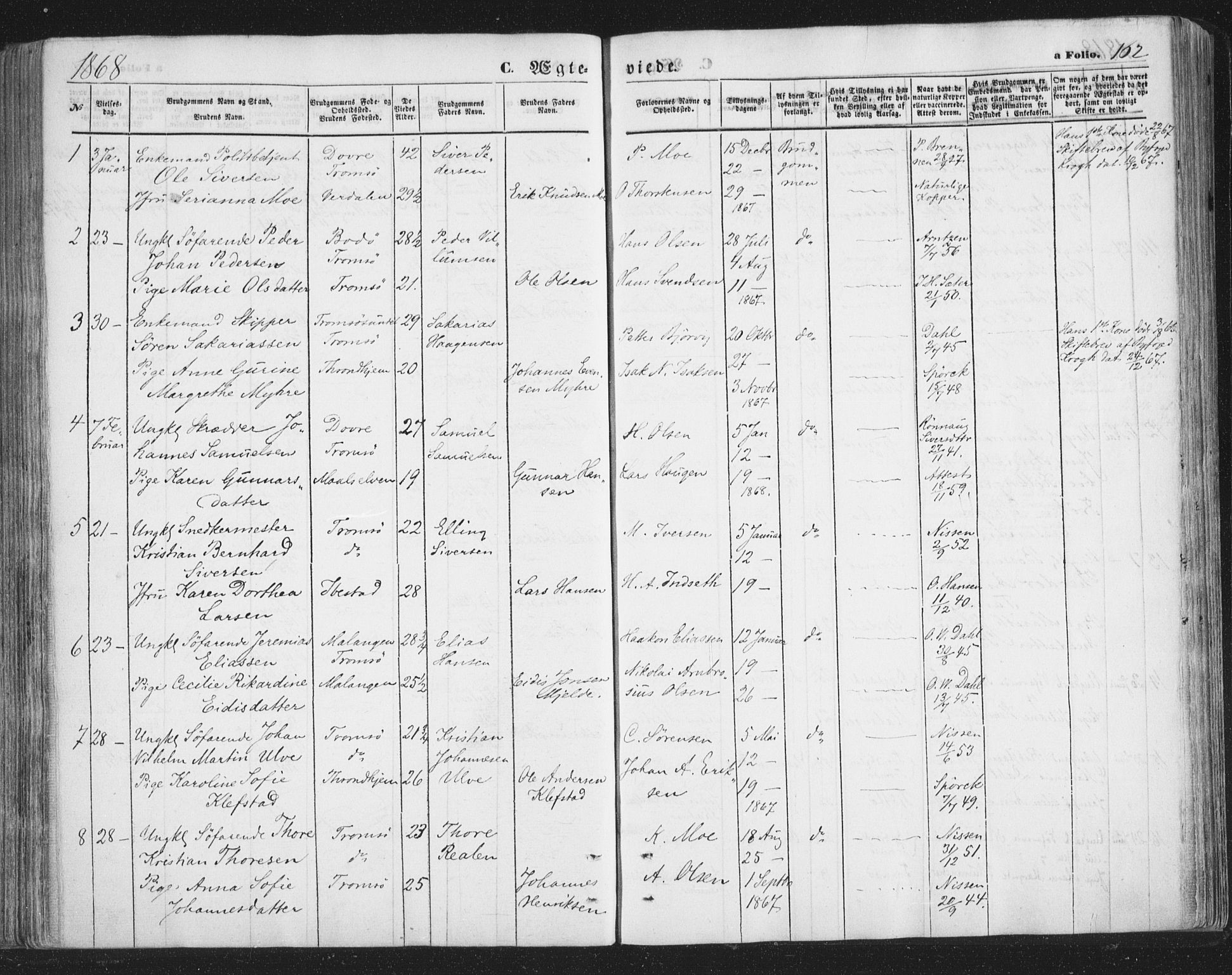 Tromsø sokneprestkontor/stiftsprosti/domprosti, AV/SATØ-S-1343/G/Ga/L0012kirke: Ministerialbok nr. 12, 1865-1871, s. 162