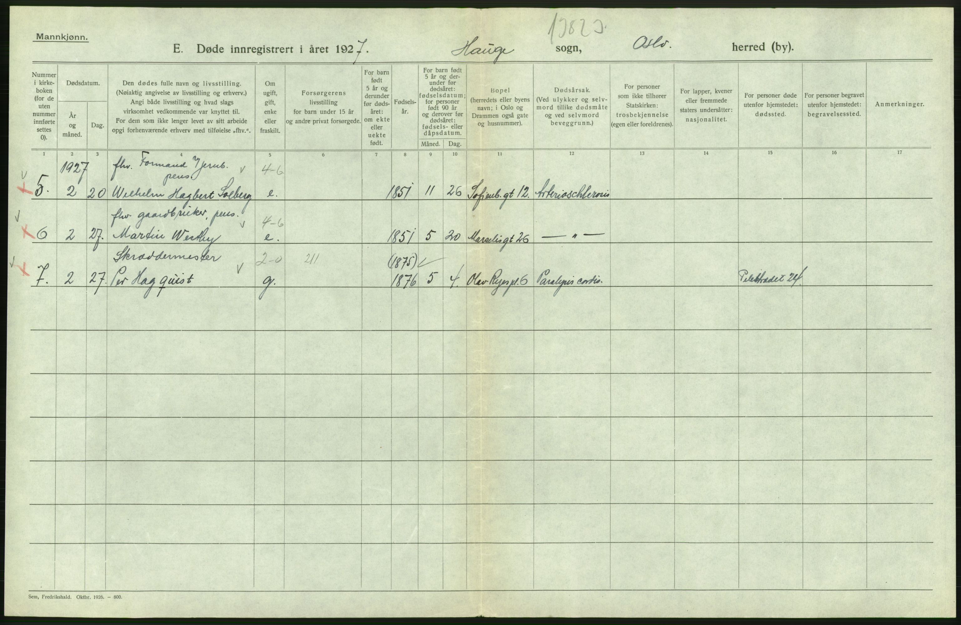 Statistisk sentralbyrå, Sosiodemografiske emner, Befolkning, AV/RA-S-2228/D/Df/Dfc/Dfcg/L0009: Oslo: Døde menn, 1927, s. 374