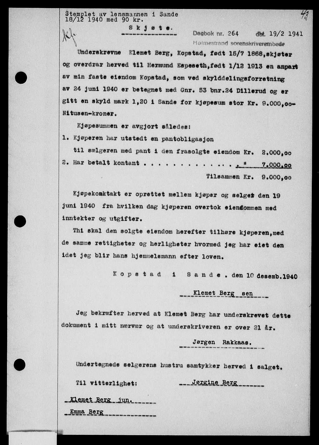 Holmestrand sorenskriveri, SAKO/A-67/G/Ga/Gaa/L0053: Pantebok nr. A-53, 1941-1941, Dagboknr: 264/1941