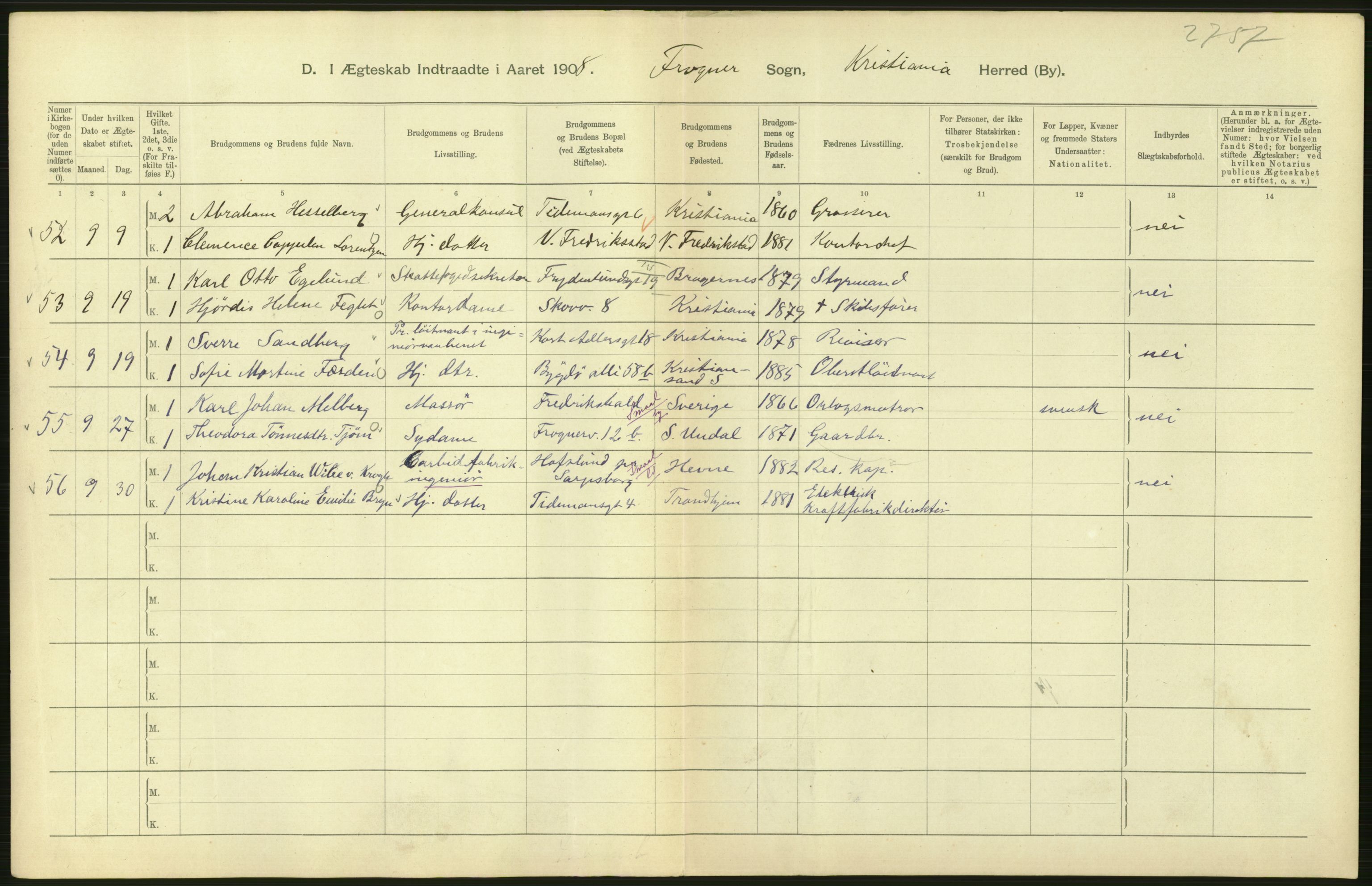 Statistisk sentralbyrå, Sosiodemografiske emner, Befolkning, AV/RA-S-2228/D/Df/Dfa/Dfaf/L0007: Kristiania: Gifte, 1908, s. 502