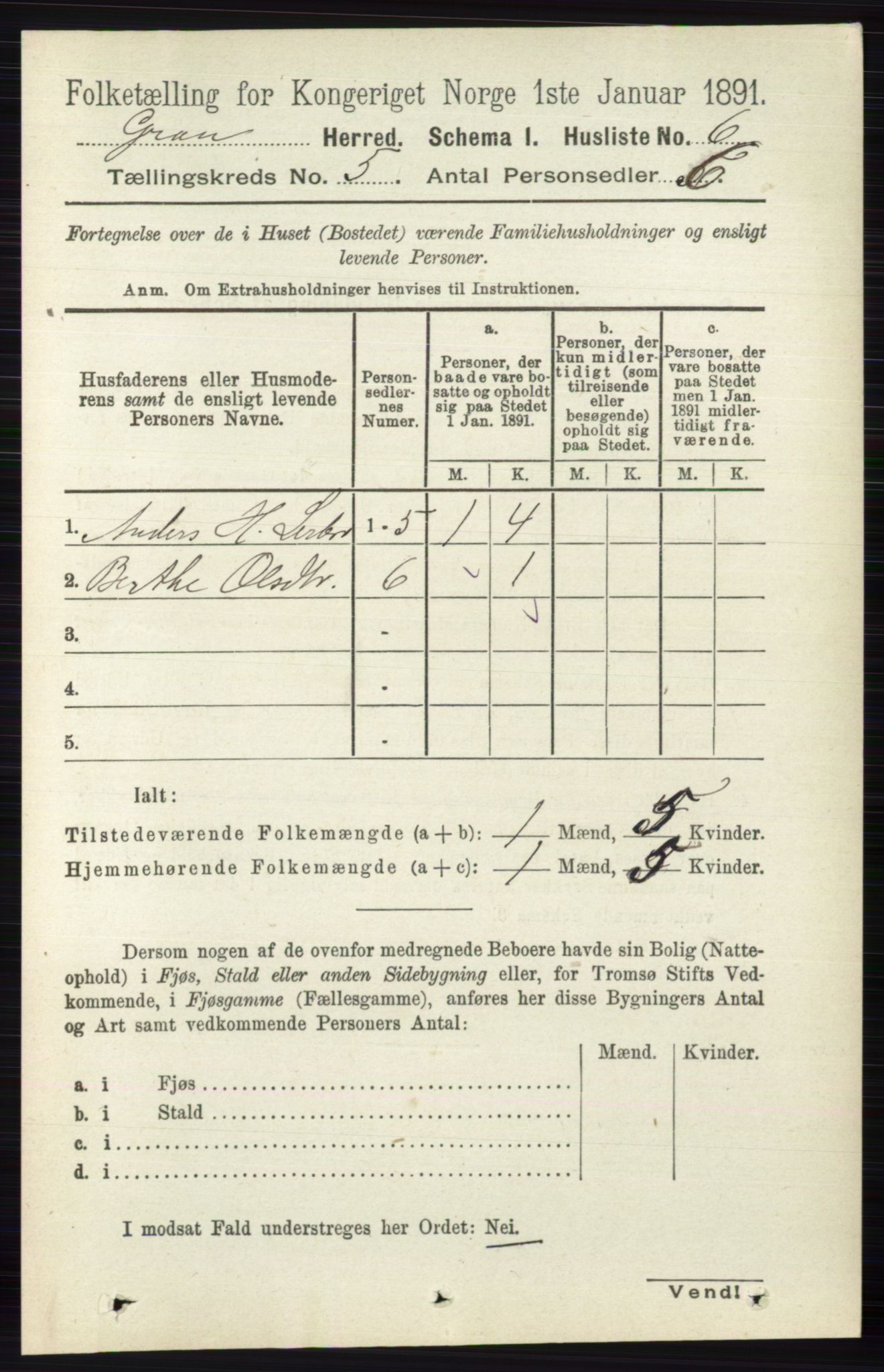 RA, Folketelling 1891 for 0534 Gran herred, 1891, s. 1522