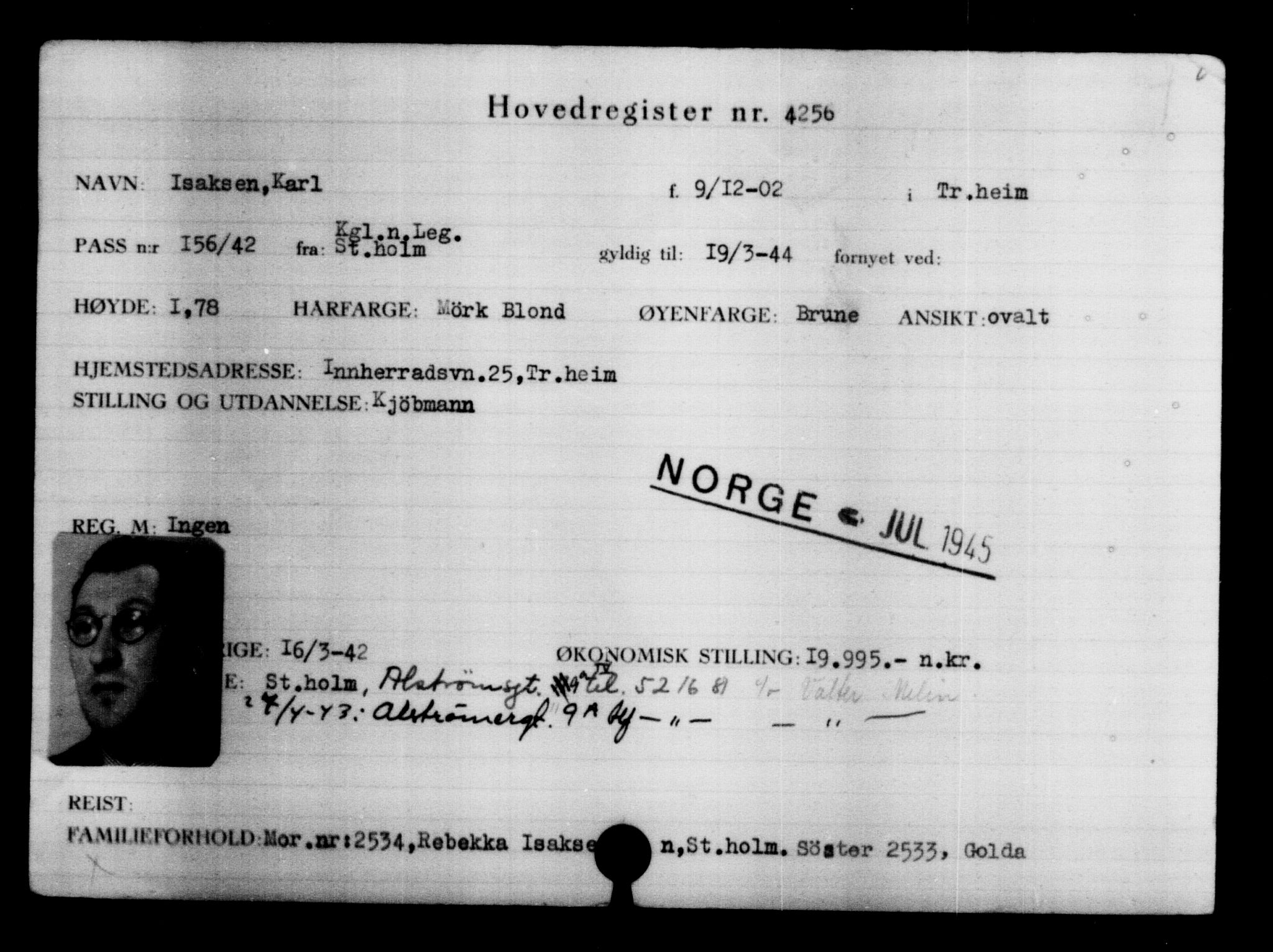 Utenriksstasjonene, Legasjonen i Stockholm, Flyktningkontoret, AV/RA-S-6753/V/Va/L0004: Kjesäterkartoteket, flyktninger med registreringsnr. 3496-6610, 1940-1945, s. 921