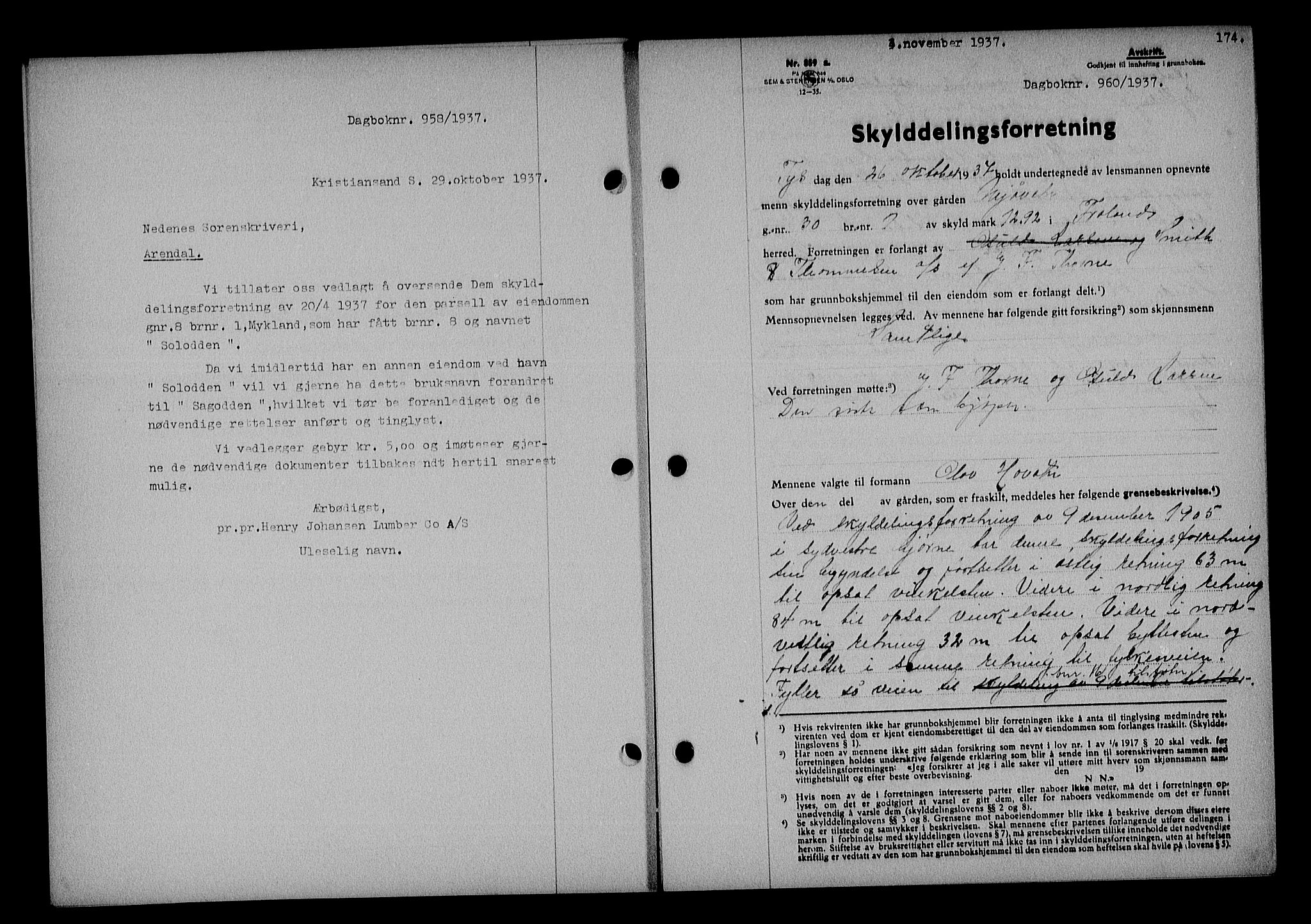 Nedenes sorenskriveri, AV/SAK-1221-0006/G/Gb/Gba/L0044: Pantebok nr. 40, 1937-1938, Dagboknr: 960/1937