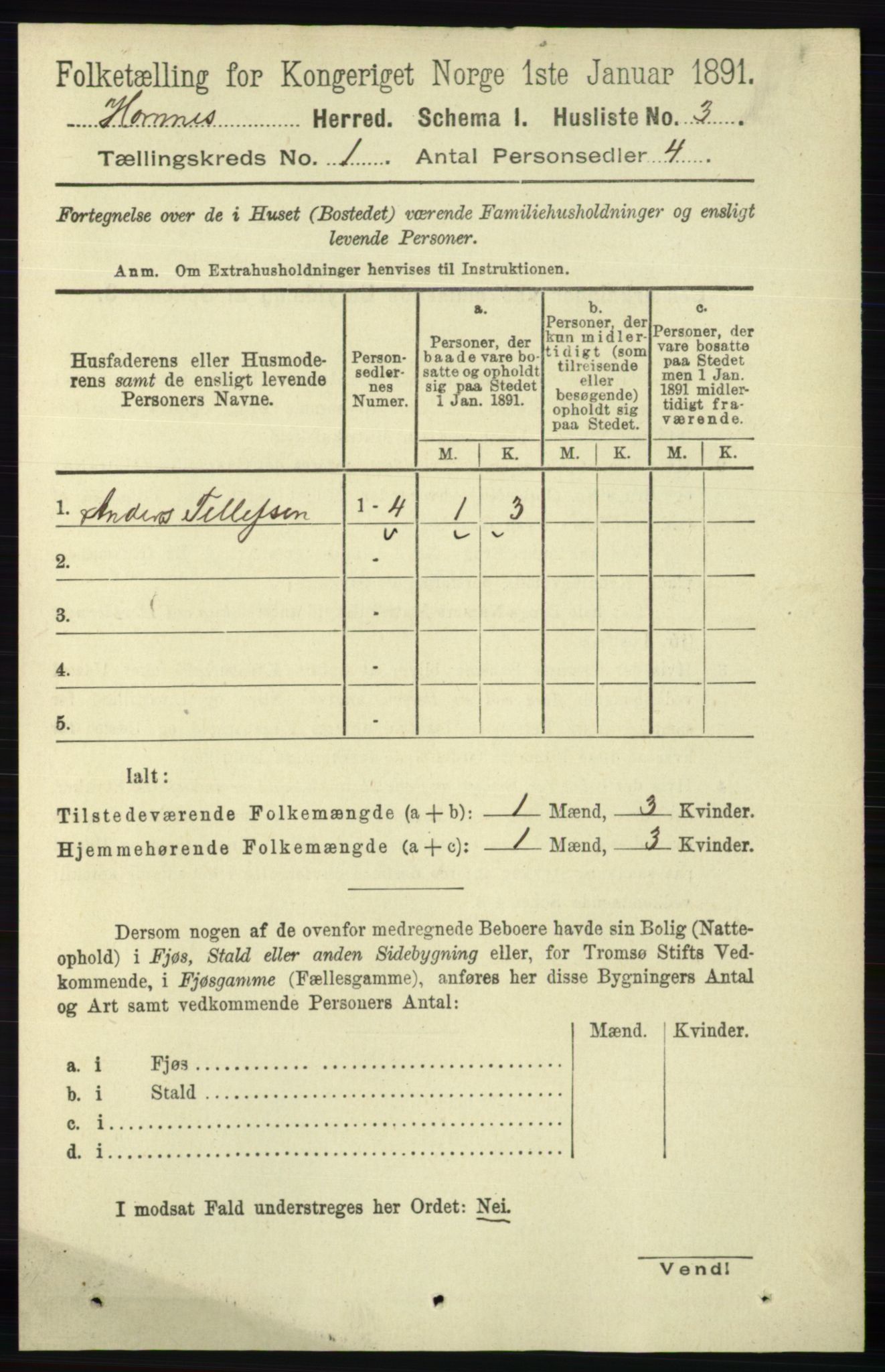 RA, Folketelling 1891 for 0936 Hornnes herred, 1891, s. 18