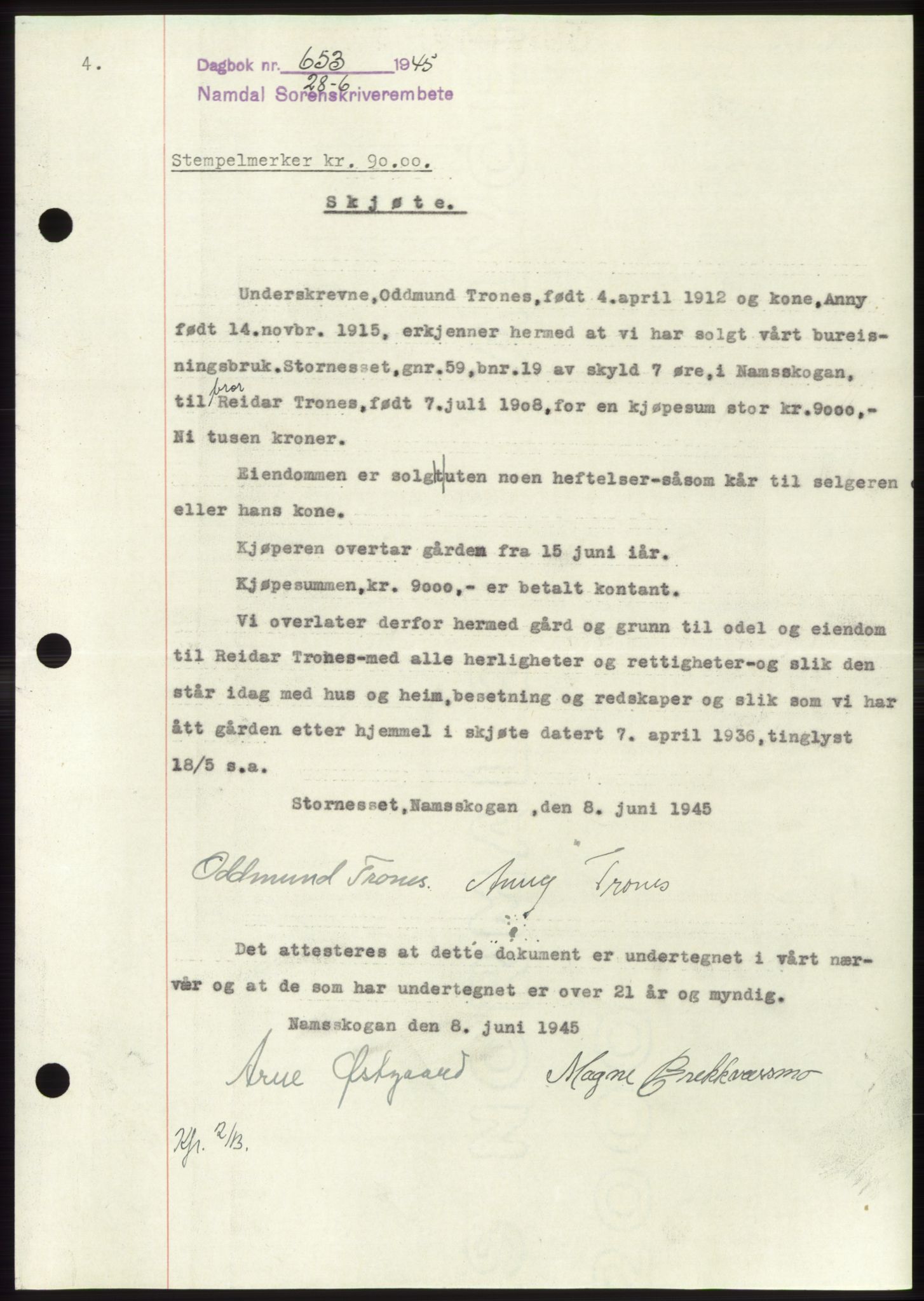 Namdal sorenskriveri, SAT/A-4133/1/2/2C: Pantebok nr. -, 1944-1945, Dagboknr: 653/1945
