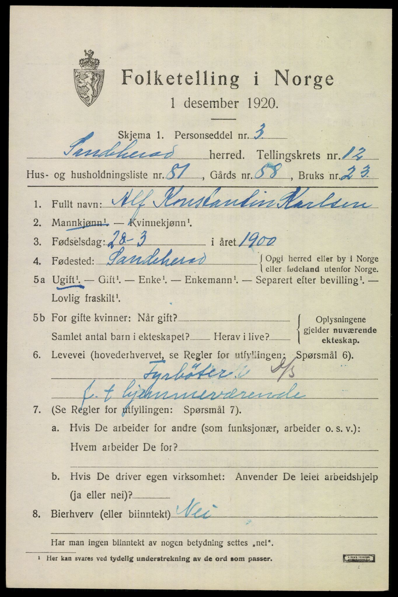 SAKO, Folketelling 1920 for 0724 Sandeherred herred, 1920, s. 19090