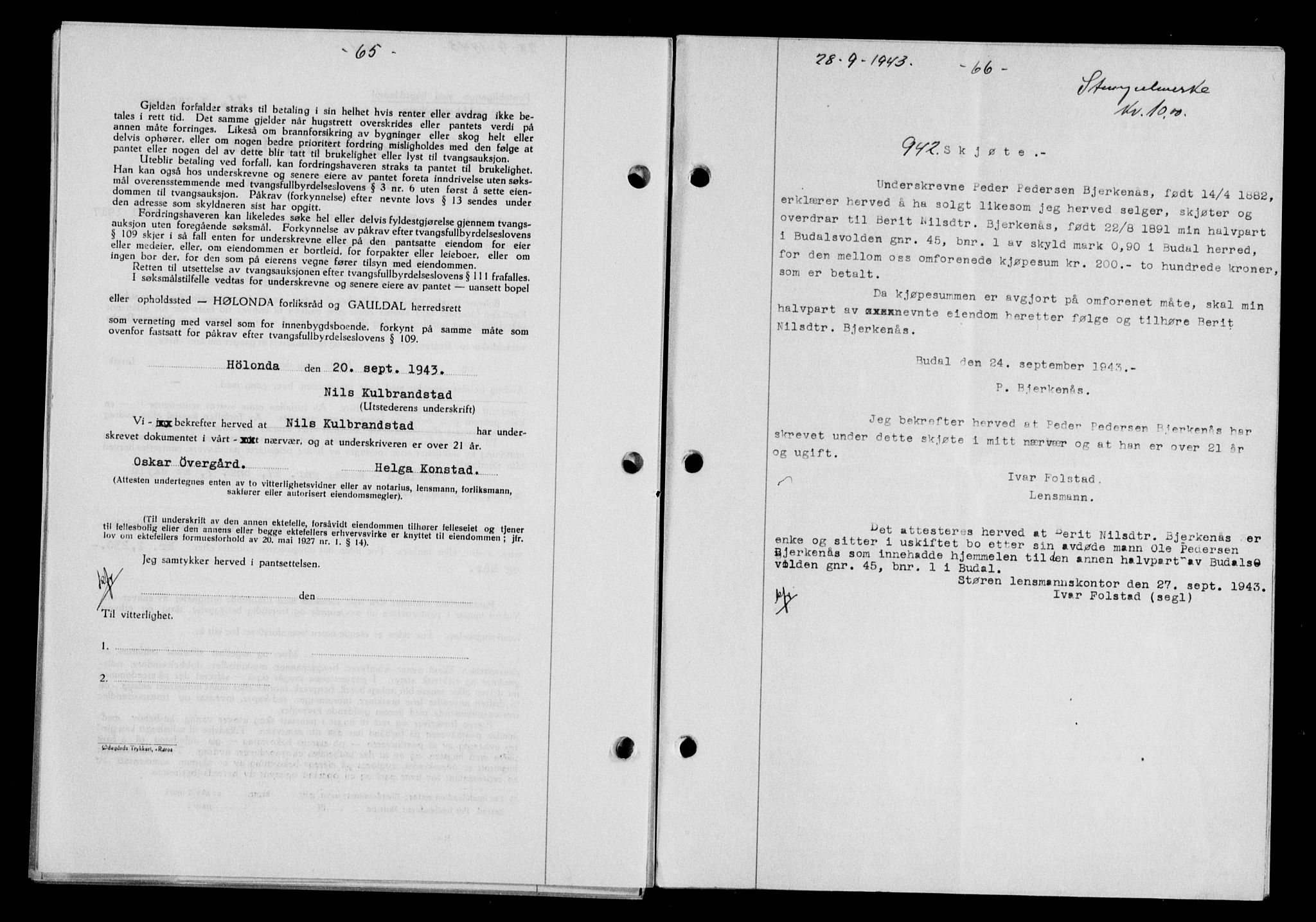 Gauldal sorenskriveri, SAT/A-0014/1/2/2C/L0057: Pantebok nr. 62, 1943-1944, Dagboknr: 942/1943