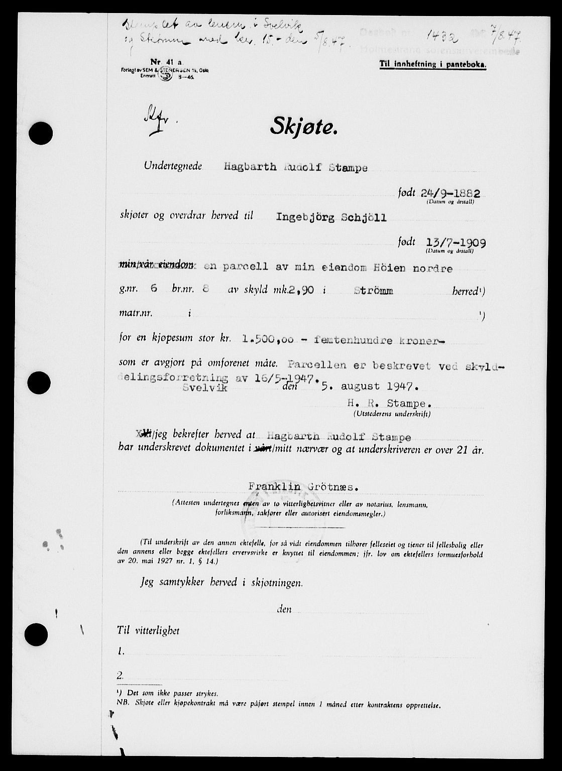 Holmestrand sorenskriveri, SAKO/A-67/G/Ga/Gaa/L0062: Pantebok nr. A-62, 1947-1947, Dagboknr: 1432/1947