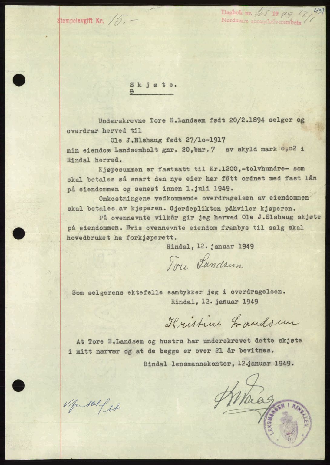 Nordmøre sorenskriveri, SAT/A-4132/1/2/2Ca: Pantebok nr. A110, 1948-1949, Dagboknr: 105/1949