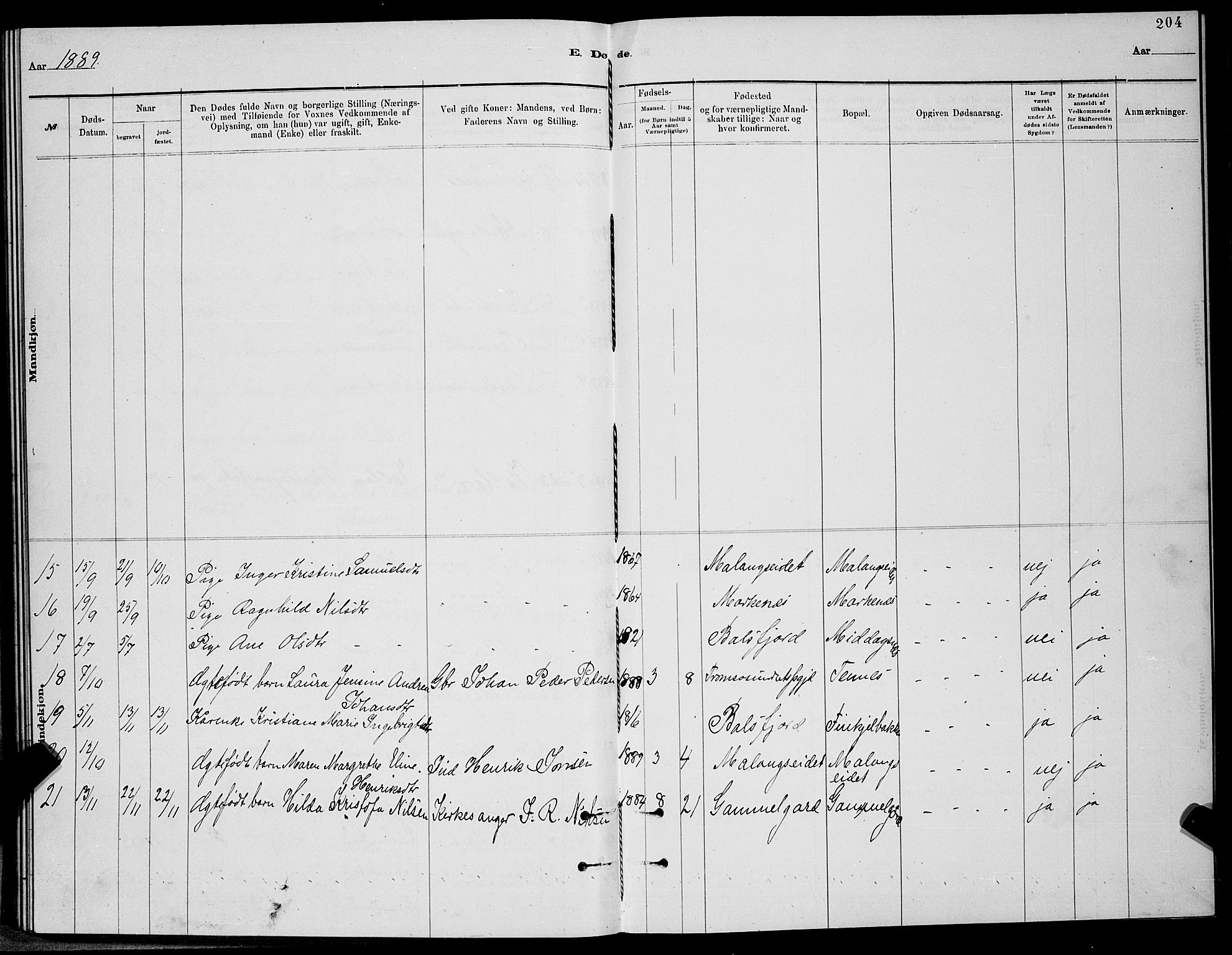 Balsfjord sokneprestembete, AV/SATØ-S-1303/G/Gab/L0007klokker: Klokkerbok nr. 7, 1878-1889, s. 204