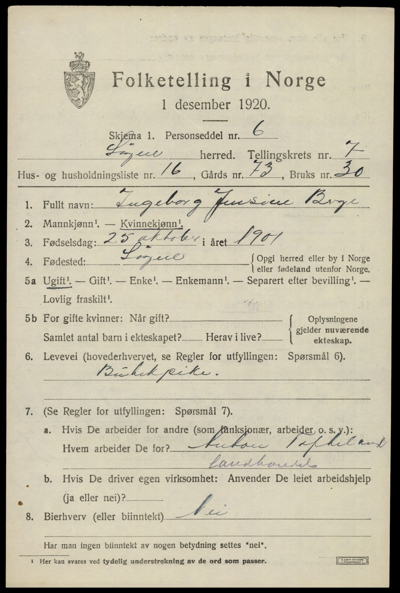 SAK, Folketelling 1920 for 1018 Søgne herred, 1920, s. 3631