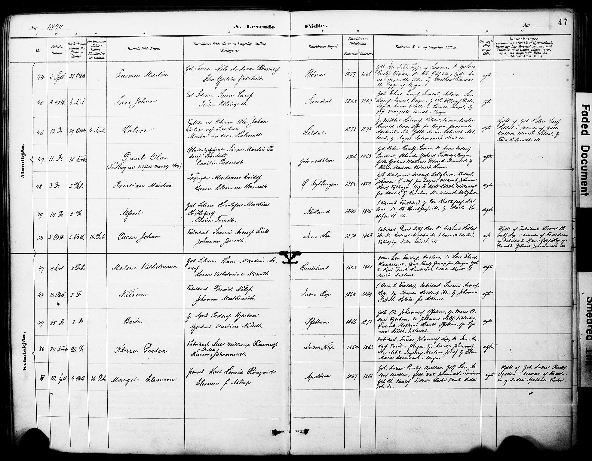 Fana Sokneprestembete, AV/SAB-A-75101/H/Haa/Haai/L0002: Ministerialbok nr. I 2, 1888-1899, s. 47