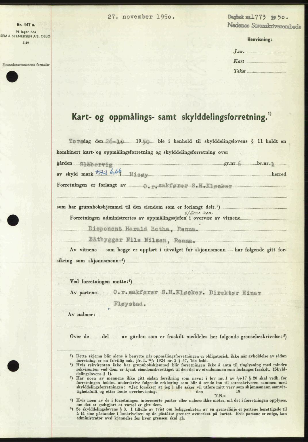 Nedenes sorenskriveri, SAK/1221-0006/G/Gb/Gba/L0063: Pantebok nr. A15, 1950-1950, Dagboknr: 1773/1950