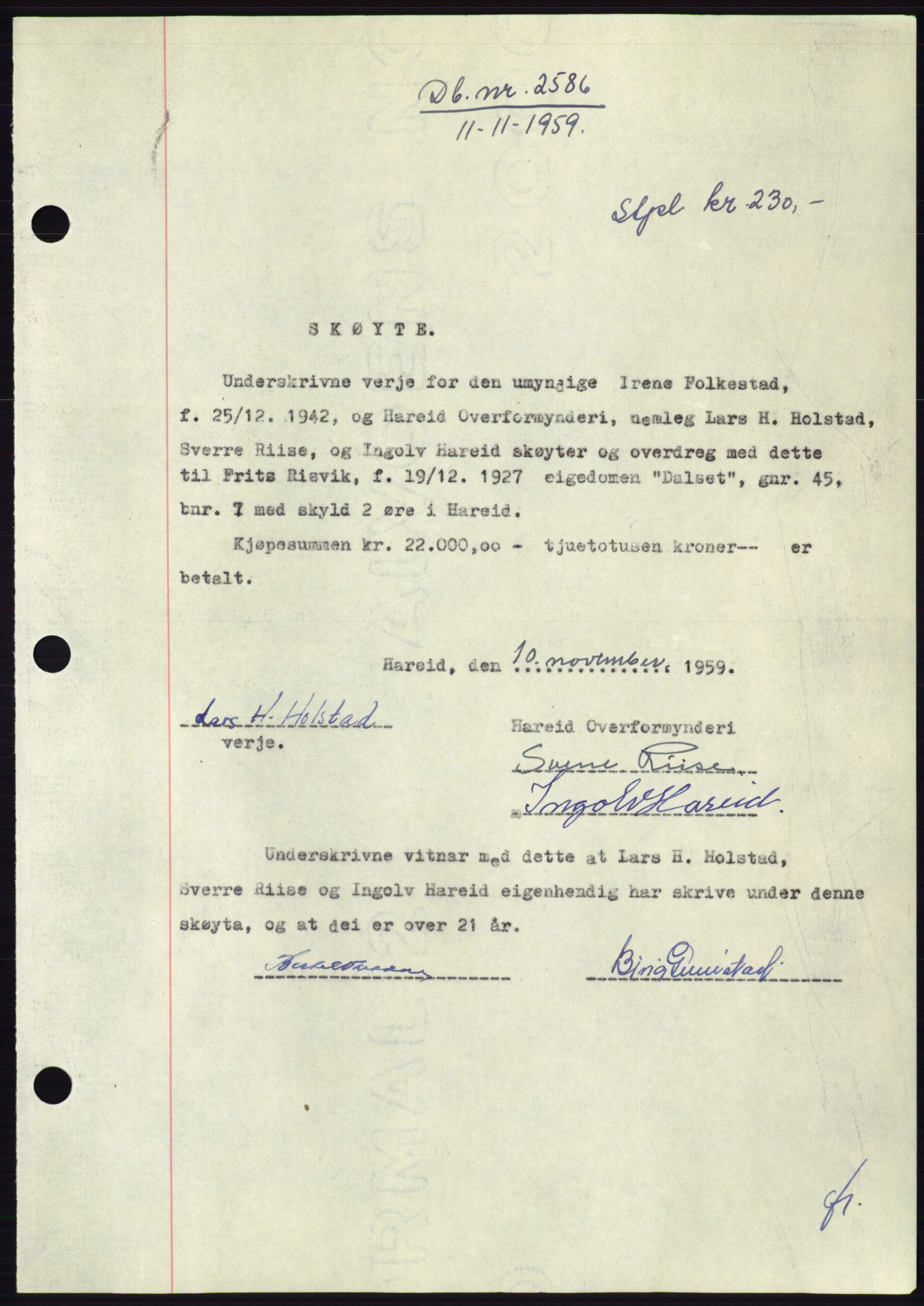 Søre Sunnmøre sorenskriveri, SAT/A-4122/1/2/2C/L0113: Pantebok nr. 39A, 1959-1959, Dagboknr: 2586/1959