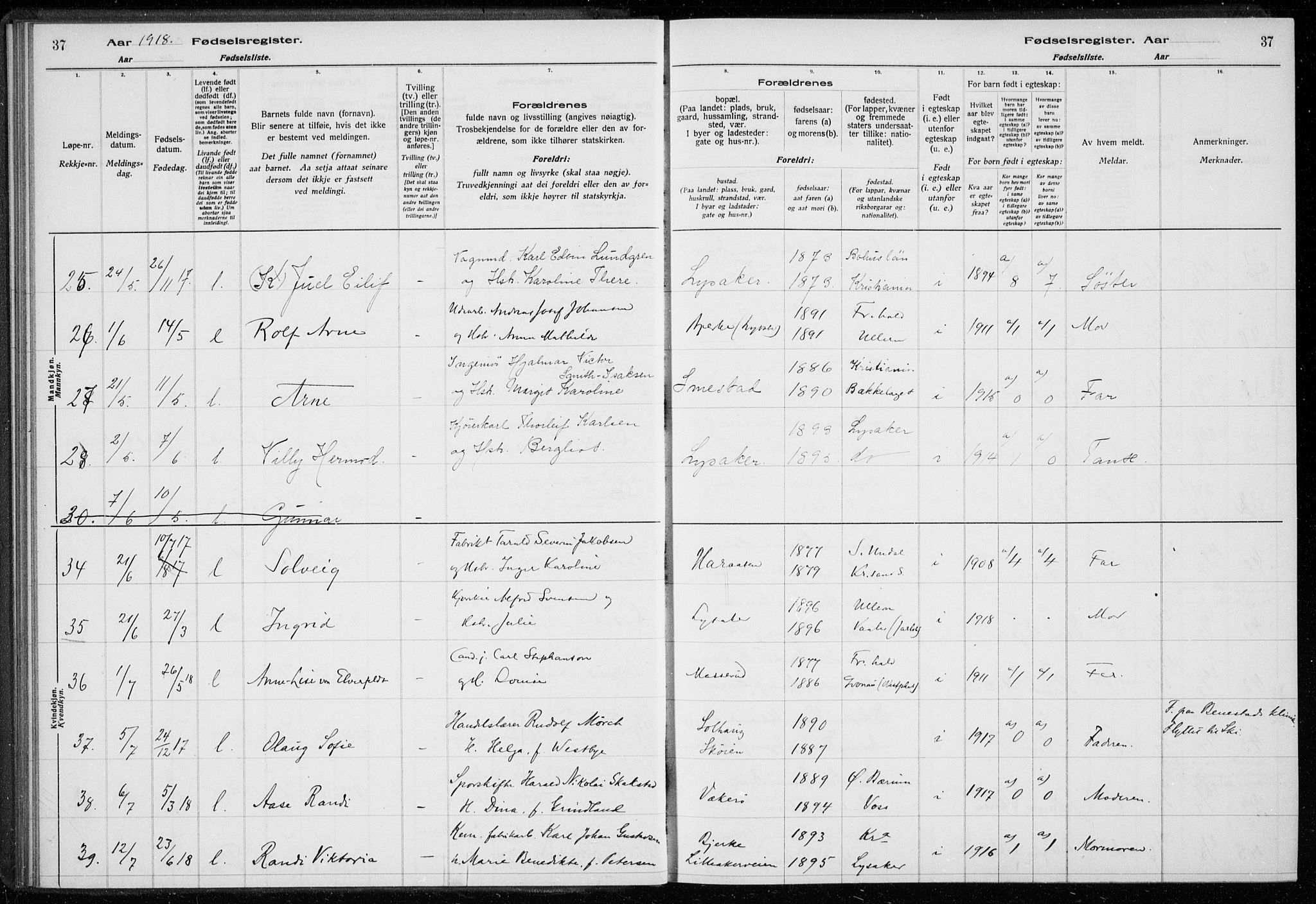 Ullern prestekontor Kirkebøker, AV/SAO-A-10740/J/L0001: Fødselsregister nr. 1, 1916-1928, s. 37