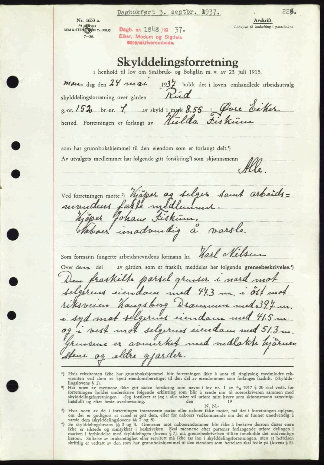 Eiker, Modum og Sigdal sorenskriveri, SAKO/A-123/G/Ga/Gab/L0036: Pantebok nr. A6, 1937-1937, Dagboknr: 1848/1937