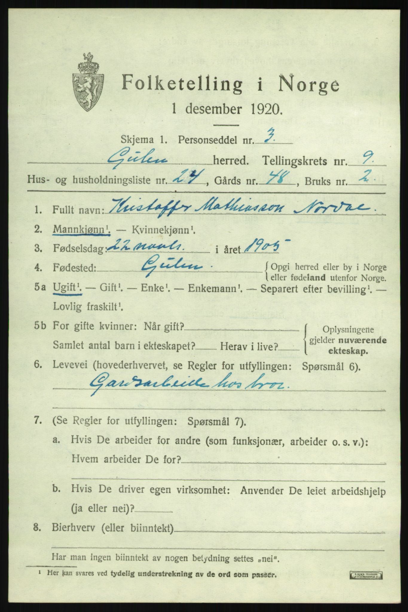 SAB, Folketelling 1920 for 1411 Gulen herred, 1920, s. 4221