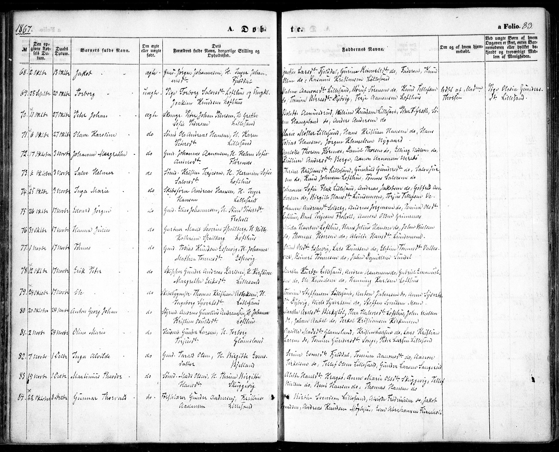 Vestre Moland sokneprestkontor, AV/SAK-1111-0046/F/Fa/Fab/L0007: Ministerialbok nr. A 7, 1859-1872, s. 83