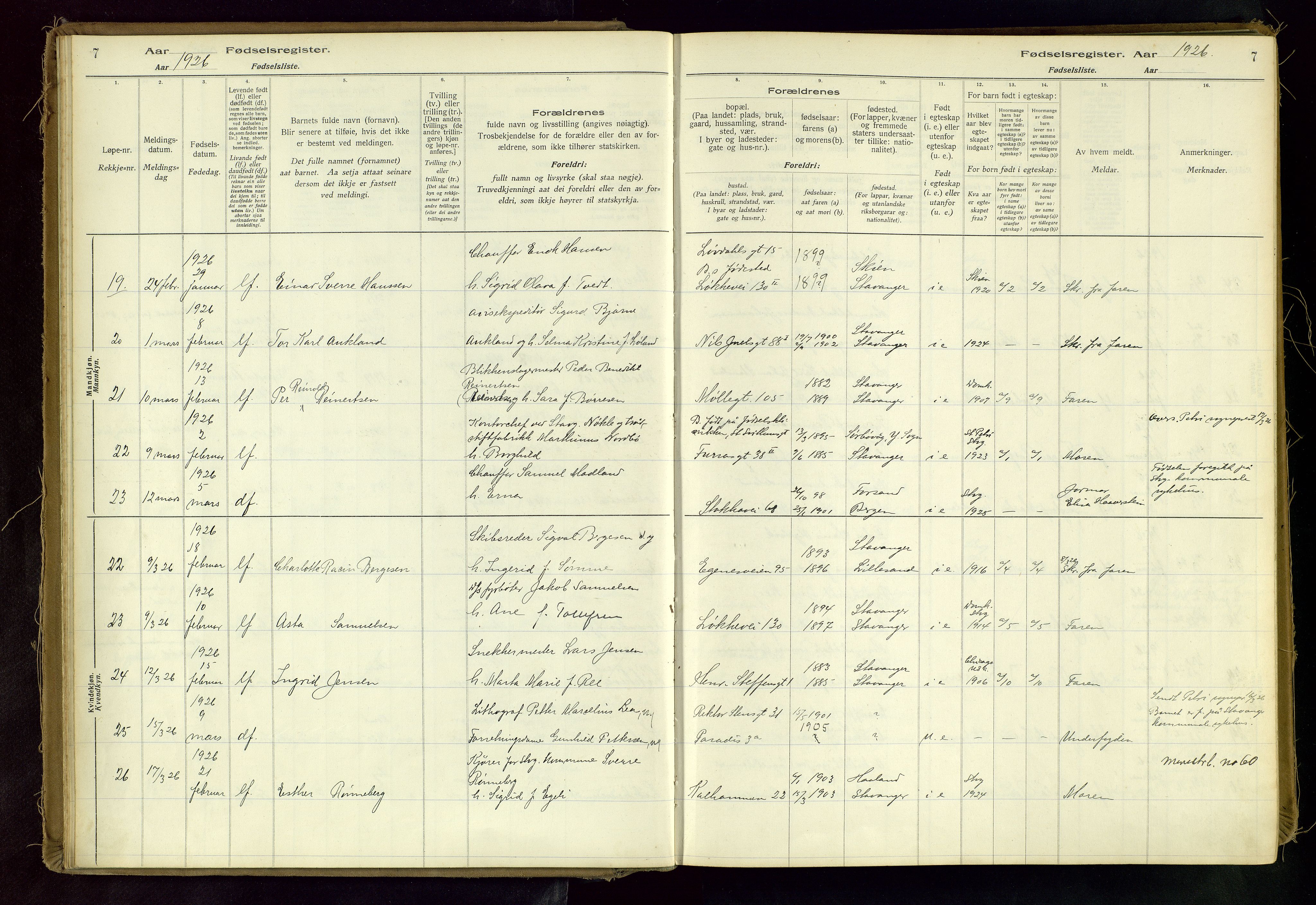 Domkirken sokneprestkontor, SAST/A-101812/002/A/L0001: Fødselsregister nr. 1, 1925-1932, s. 7