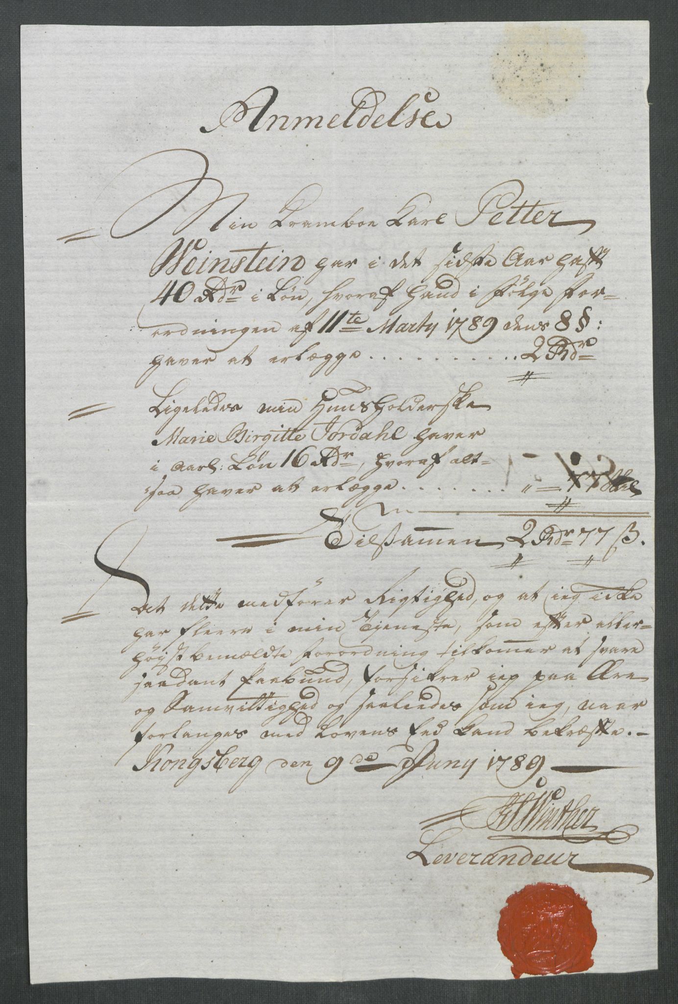 Rentekammeret inntil 1814, Reviderte regnskaper, Mindre regnskaper, AV/RA-EA-4068/Rf/Rfe/L0019: Jæren og Dalane fogderi, Kongsberg, 1789, s. 341