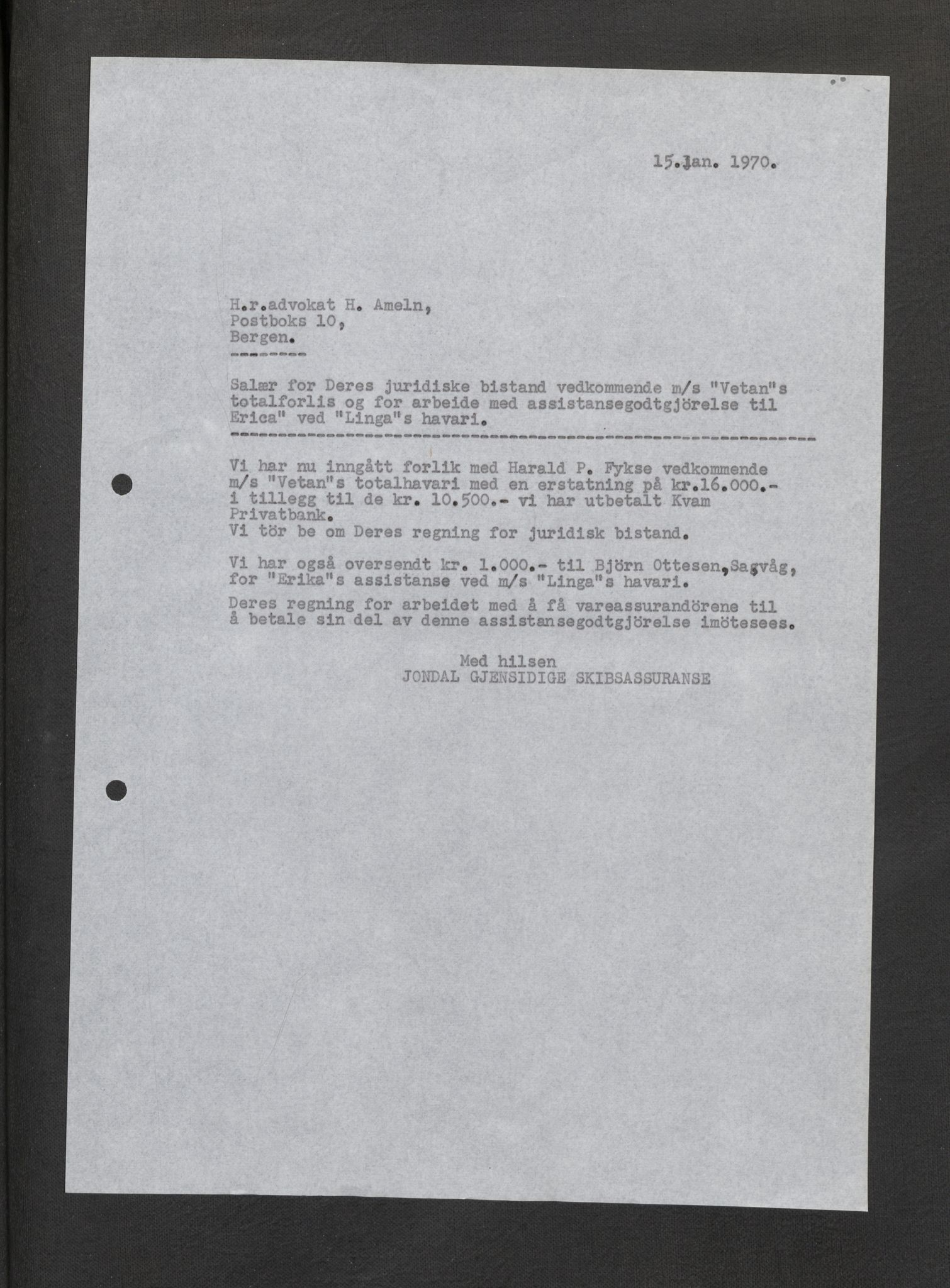 Jondal Skipsassuranseforening, AV/SAB-SAB/PA-0276/E/L0132: Korrespondanse , 1970-1977