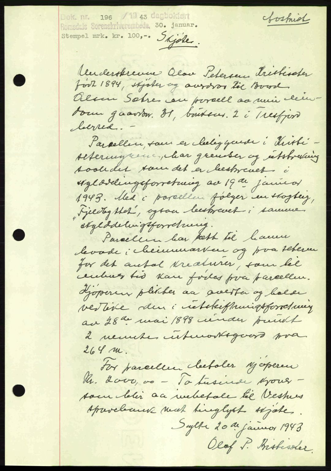 Romsdal sorenskriveri, SAT/A-4149/1/2/2C: Pantebok nr. A13, 1942-1943, Dagboknr: 196/1943