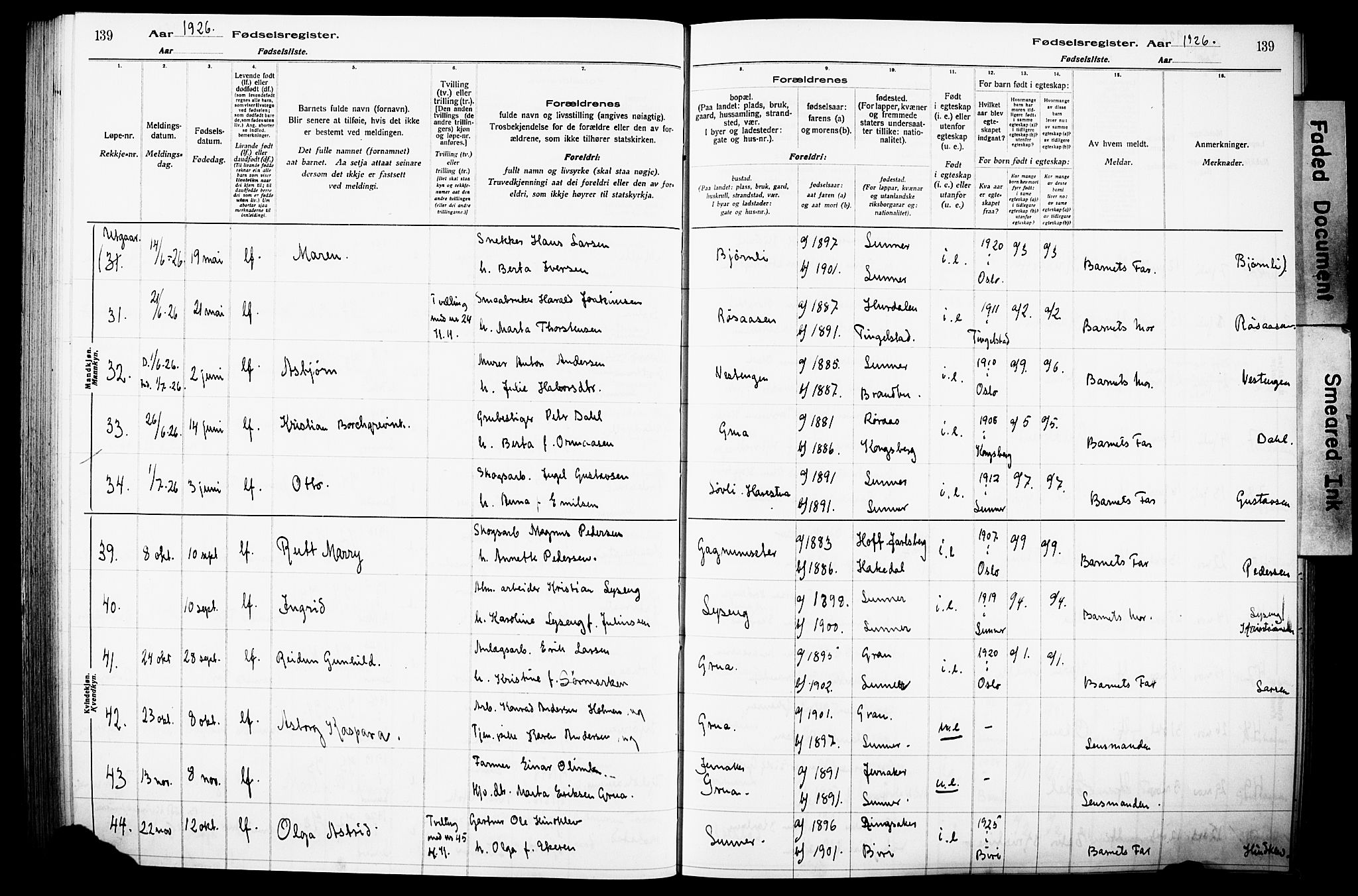 Lunner prestekontor, AV/SAH-PREST-118/I/Id/L0001: Fødselsregister nr. 1, 1916-1932, s. 139