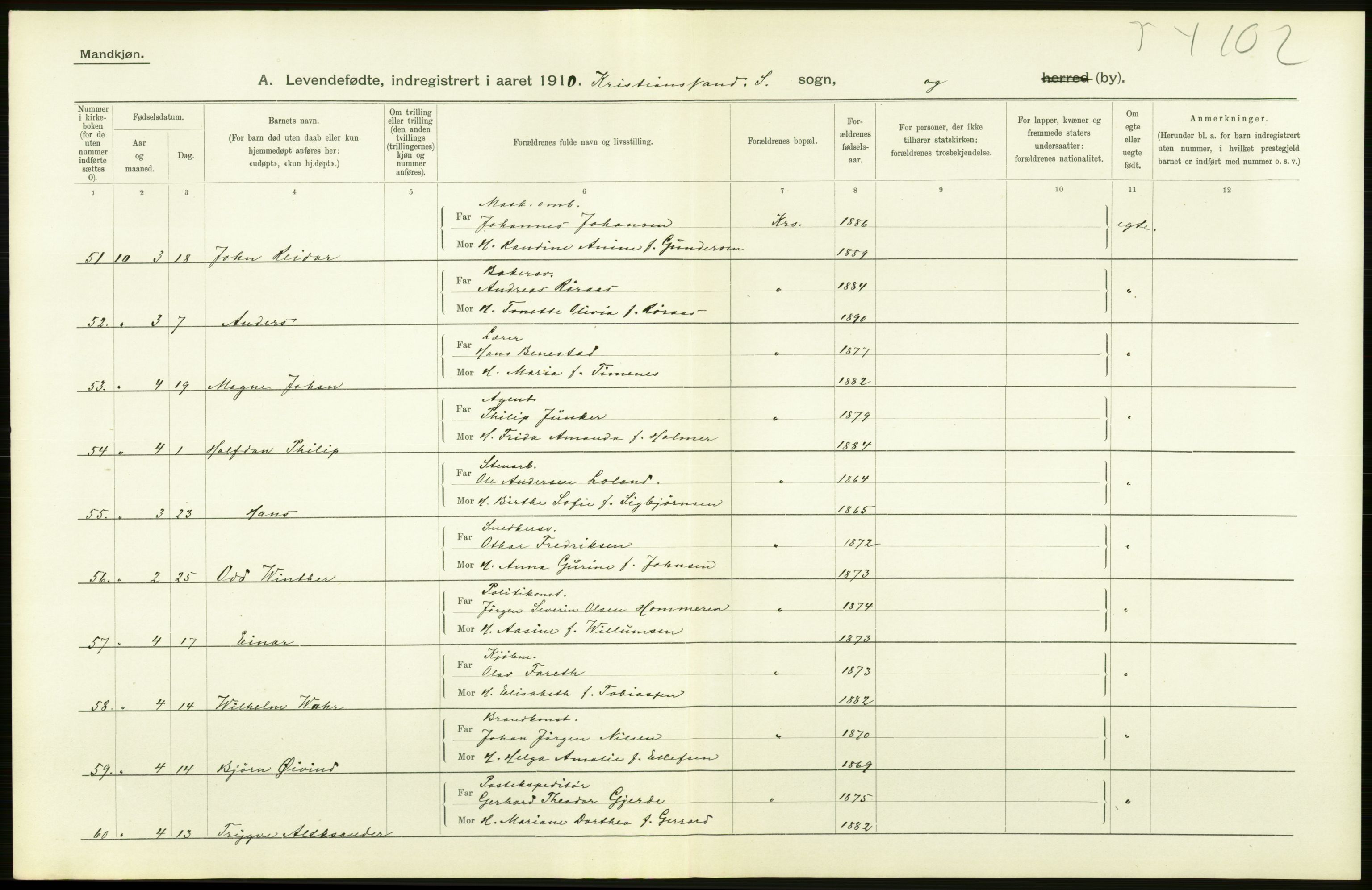 Statistisk sentralbyrå, Sosiodemografiske emner, Befolkning, AV/RA-S-2228/D/Df/Dfa/Dfah/L0021: Lister og Mandals amt: Levendefødte menn og kvinner, gifte, døde, dødfødte. Bygder og byer., 1910, s. 52