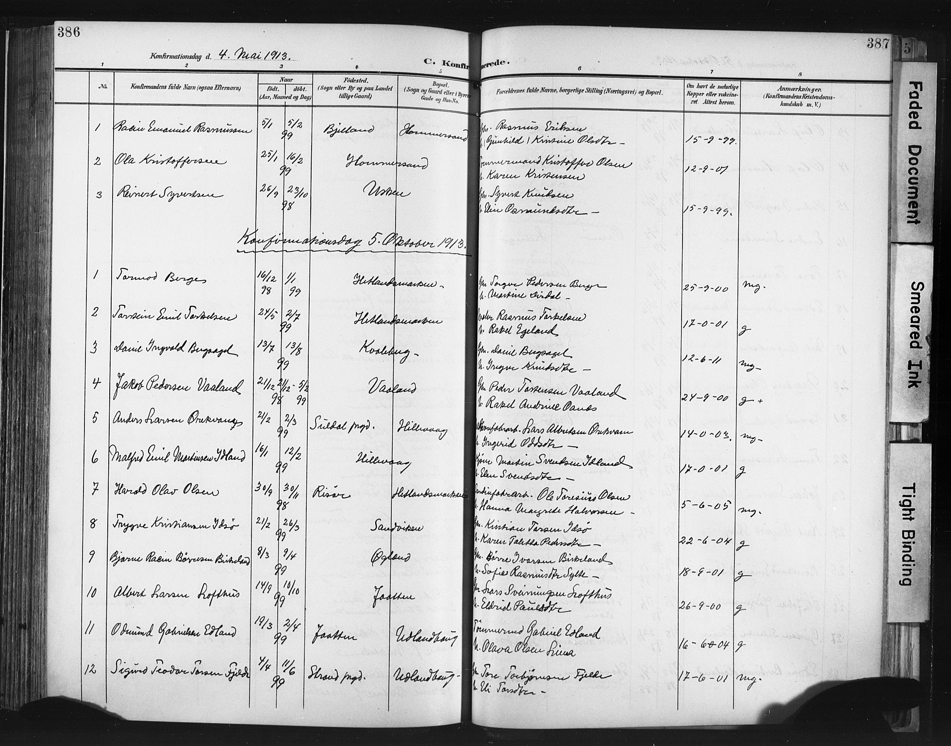 Hetland sokneprestkontor, AV/SAST-A-101826/30/30BA/L0013: Ministerialbok nr. A 13, 1904-1918, s. 386-387