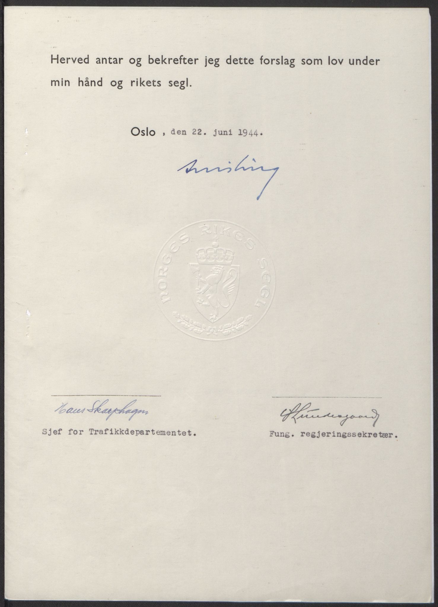 NS-administrasjonen 1940-1945 (Statsrådsekretariatet, de kommisariske statsråder mm), RA/S-4279/D/Db/L0100: Lover, 1944, s. 298