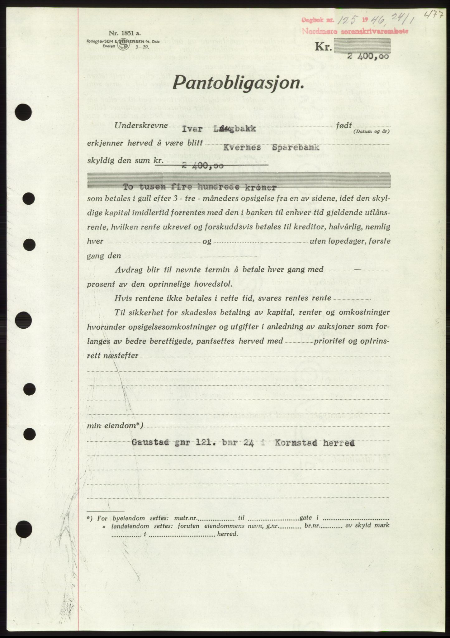 Nordmøre sorenskriveri, SAT/A-4132/1/2/2Ca: Pantebok nr. B93b, 1946-1946, Dagboknr: 125/1946