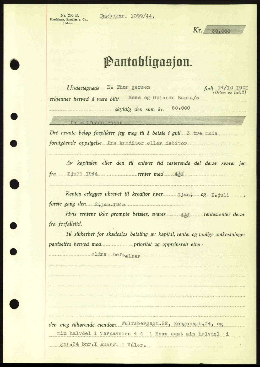 Moss sorenskriveri, SAO/A-10168: Pantebok nr. B13, 1943-1945, Dagboknr: 1099/1944