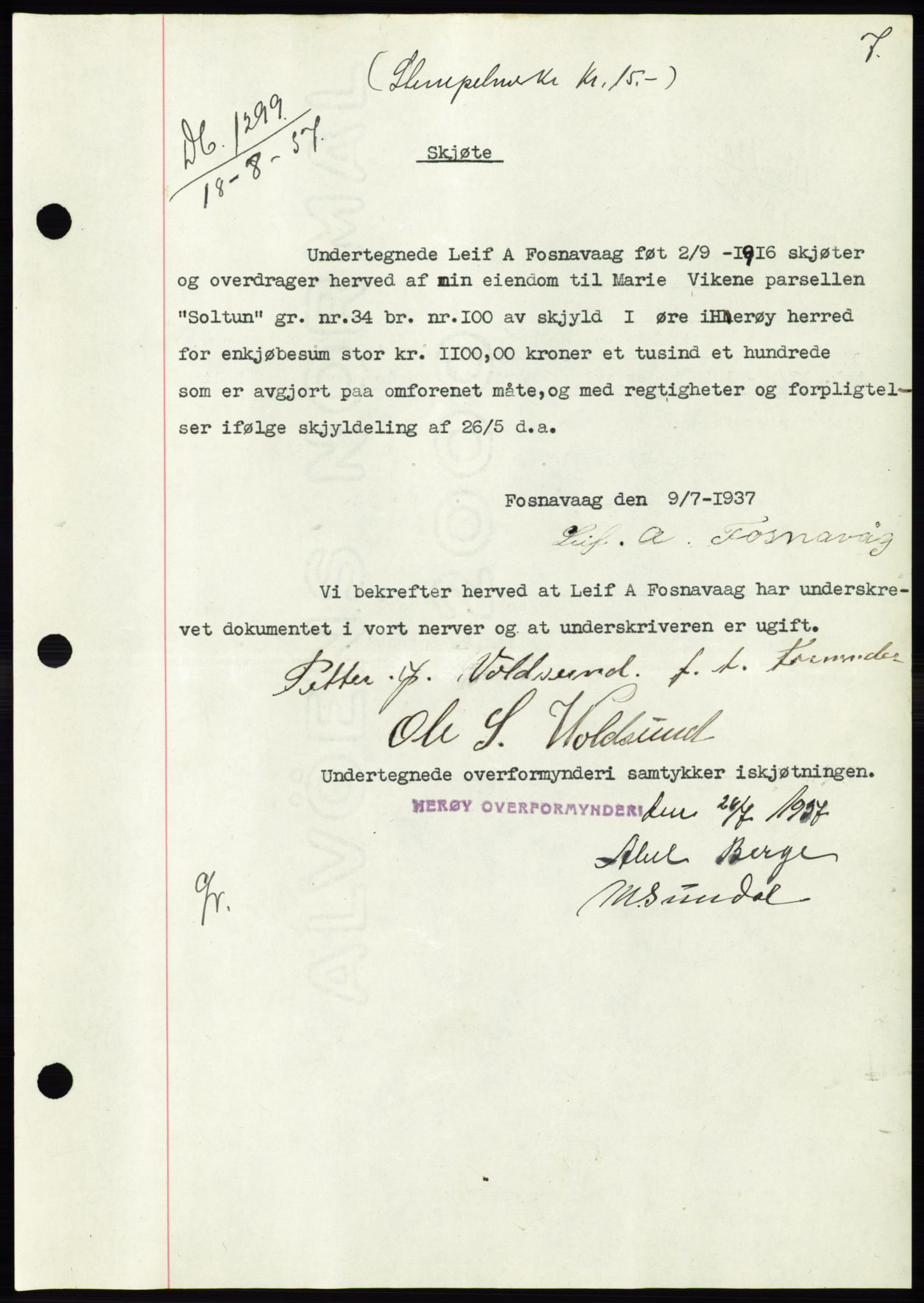 Søre Sunnmøre sorenskriveri, AV/SAT-A-4122/1/2/2C/L0064: Pantebok nr. 58, 1937-1938, Dagboknr: 1299/1937