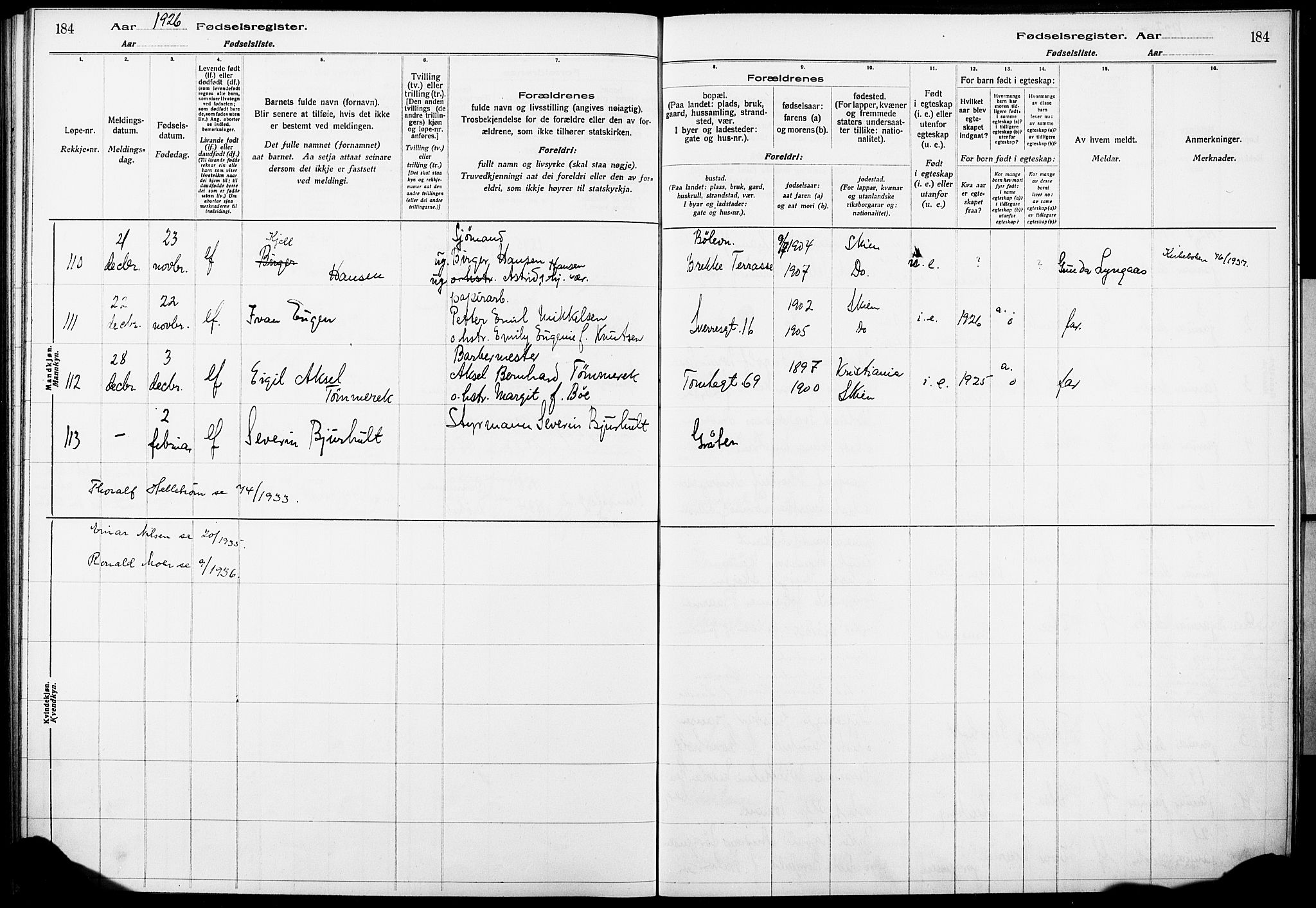 Skien kirkebøker, AV/SAKO-A-302/J/Ja/L0002: Fødselsregister nr. 2, 1921-1927, s. 184