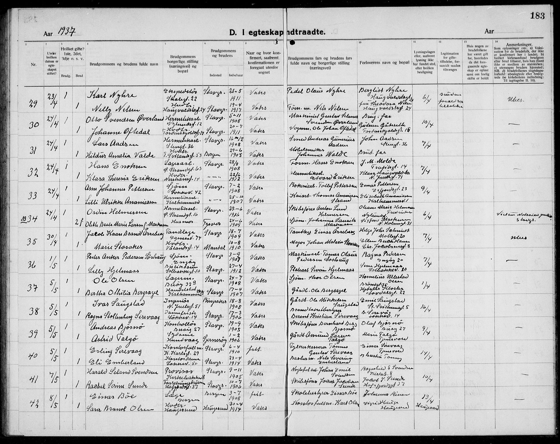 Domkirken sokneprestkontor, AV/SAST-A-101812/001/30/30BB/L0020: Klokkerbok nr. B 20, 1921-1937, s. 183