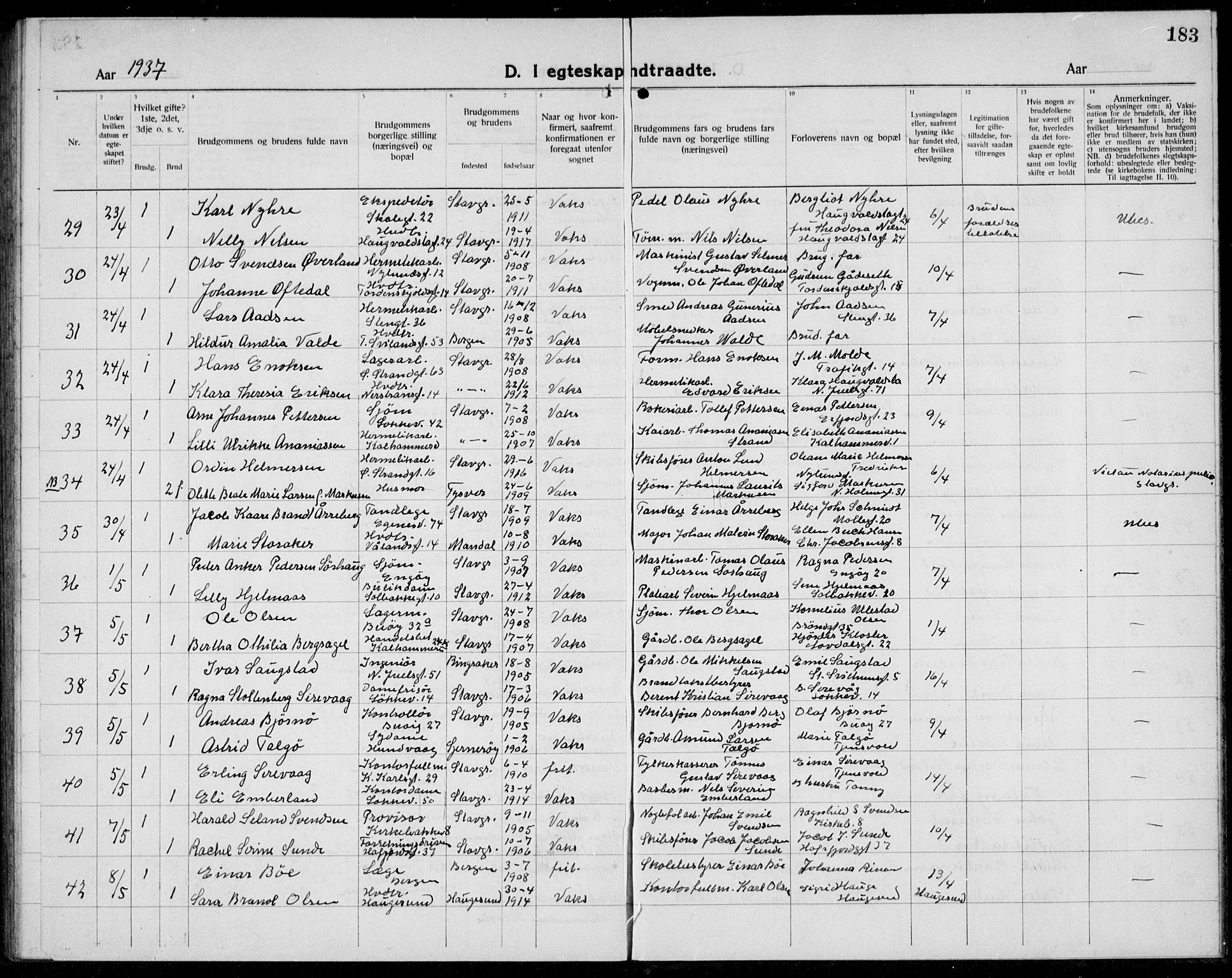 Domkirken sokneprestkontor, AV/SAST-A-101812/001/30/30BB/L0020: Klokkerbok nr. B 20, 1921-1937, s. 183