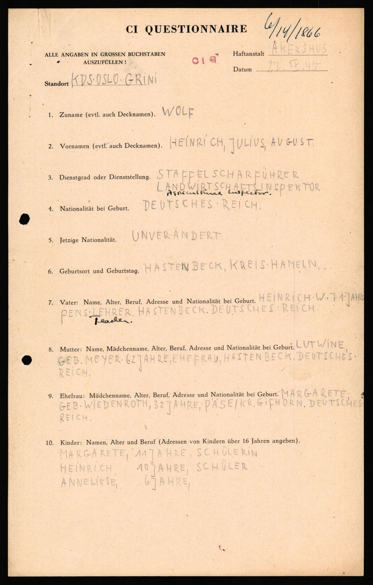 Forsvaret, Forsvarets overkommando II, AV/RA-RAFA-3915/D/Db/L0036: CI Questionaires. Tyske okkupasjonsstyrker i Norge. Tyskere., 1945-1946, s. 410