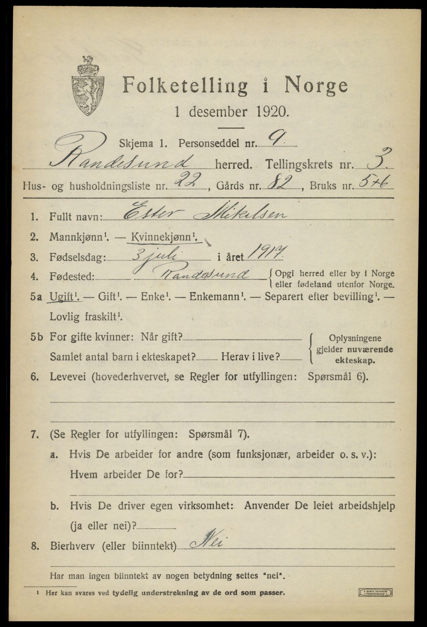 SAK, Folketelling 1920 for 1011 Randesund herred, 1920, s. 1736