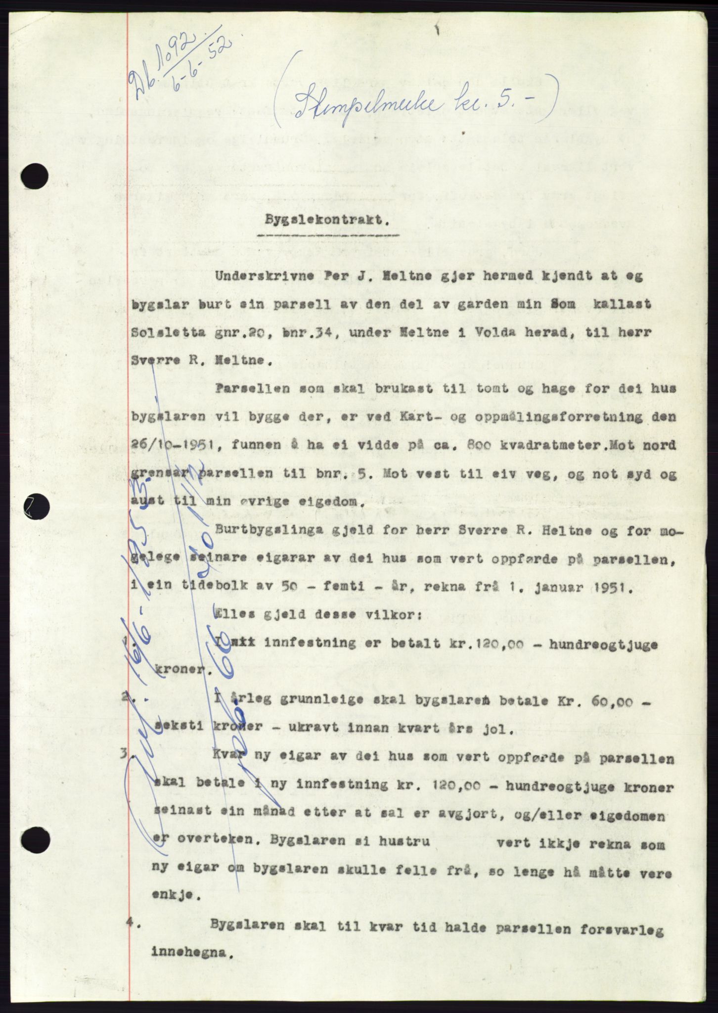 Søre Sunnmøre sorenskriveri, AV/SAT-A-4122/1/2/2C/L0092: Pantebok nr. 18A, 1952-1952, Dagboknr: 1092/1952