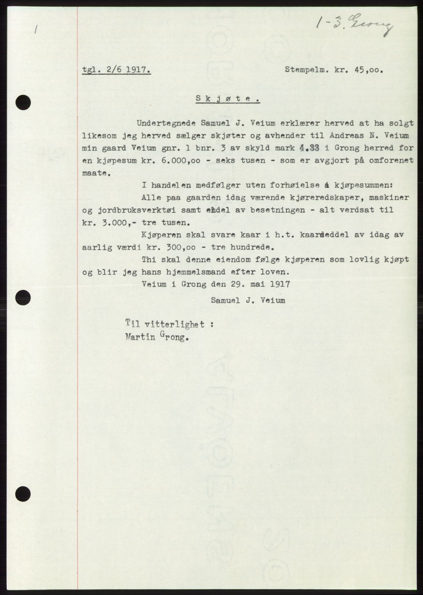 Namdal sorenskriveri, SAT/A-4133/1/2/2C: Pantebok nr. -, 1916-1921, Tingl.dato: 02.06.1917